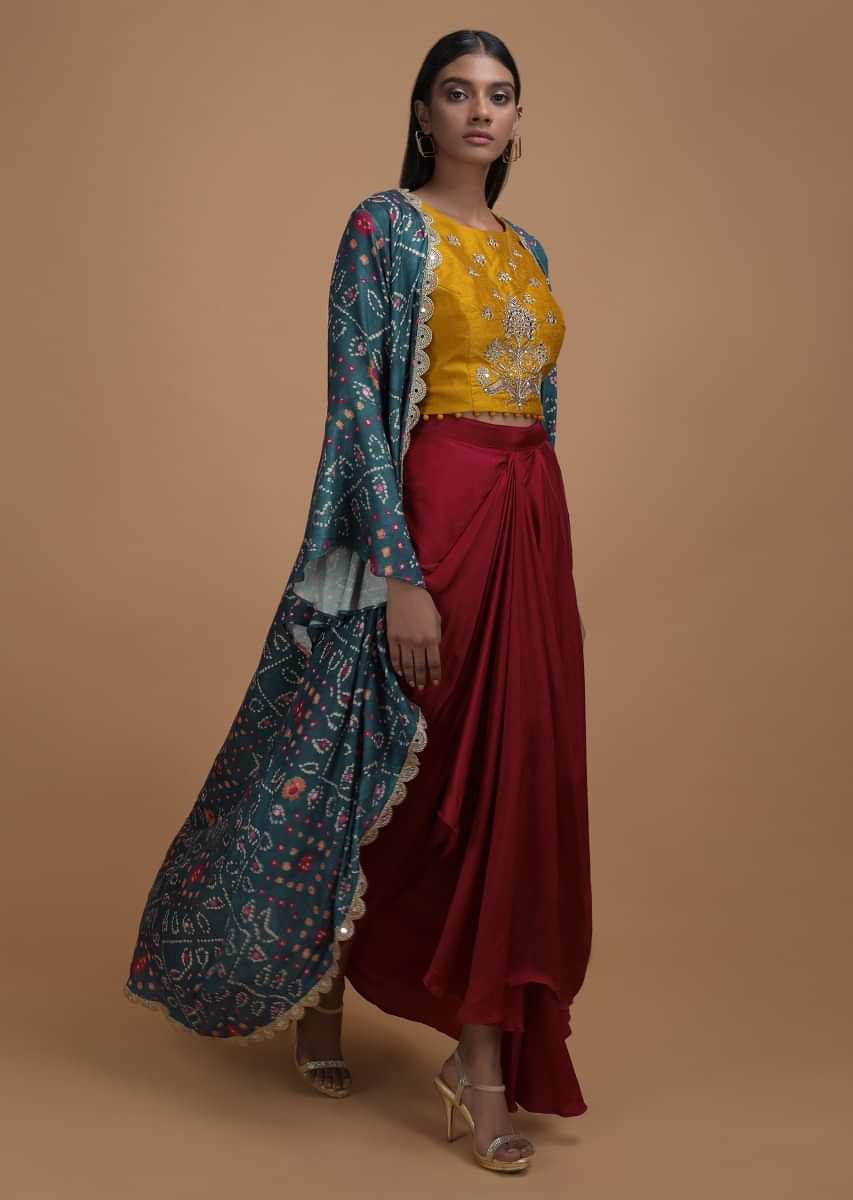 Yellow Crop Top Embellished In Mirror And Zardosi Matched With Red Fancy Skirt And Bandhni Jacket Online - Kalki Fashion