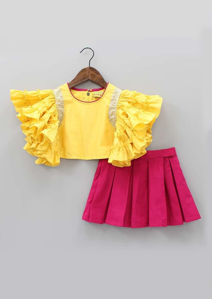 Yellow Crop Top With Sequin Work And Gathers Sleeve Matched With Pleated Skirt Online - Kalki Fashion