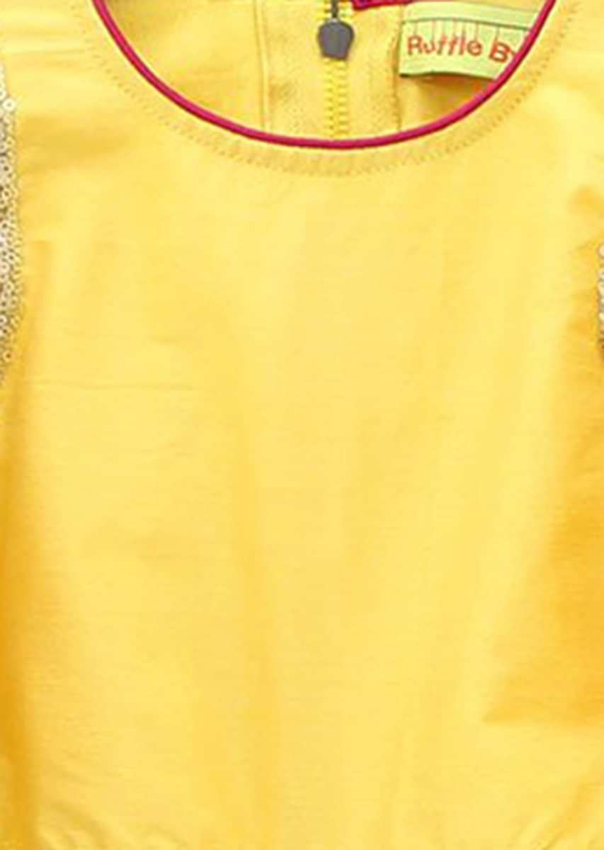 Yellow Crop Top With Sequin Work And Gathers Sleeve Matched With Pleated Skirt Online - Kalki Fashion