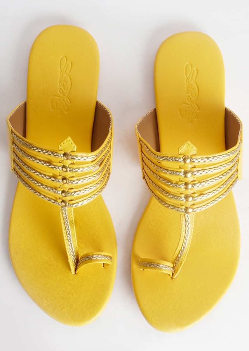 Yellow Kolhapuri With Gold Braiding And Gold Rivets  By Sole House