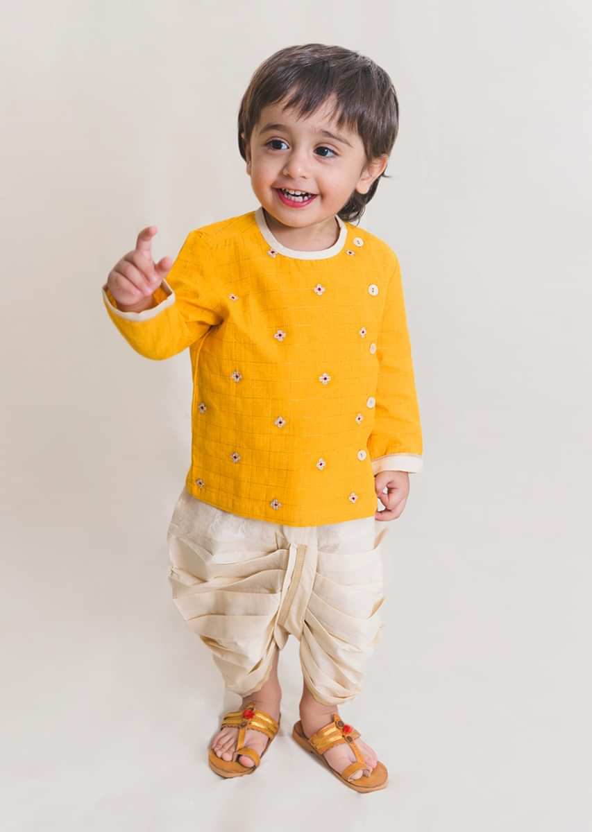 Kalki Boys Yellow Kurta And White Dhoti Set In Cotton With Zari Embroidered Butti Work By Tiber Taber