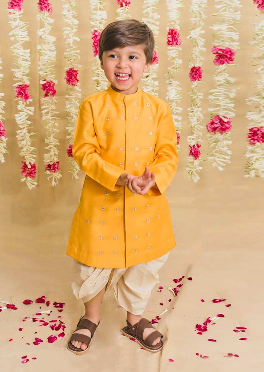Kalki Boys Yellow Kurta And Cream Dhoti Set In Cotton With Zari Embroidered Buttis By Tiber Taber
