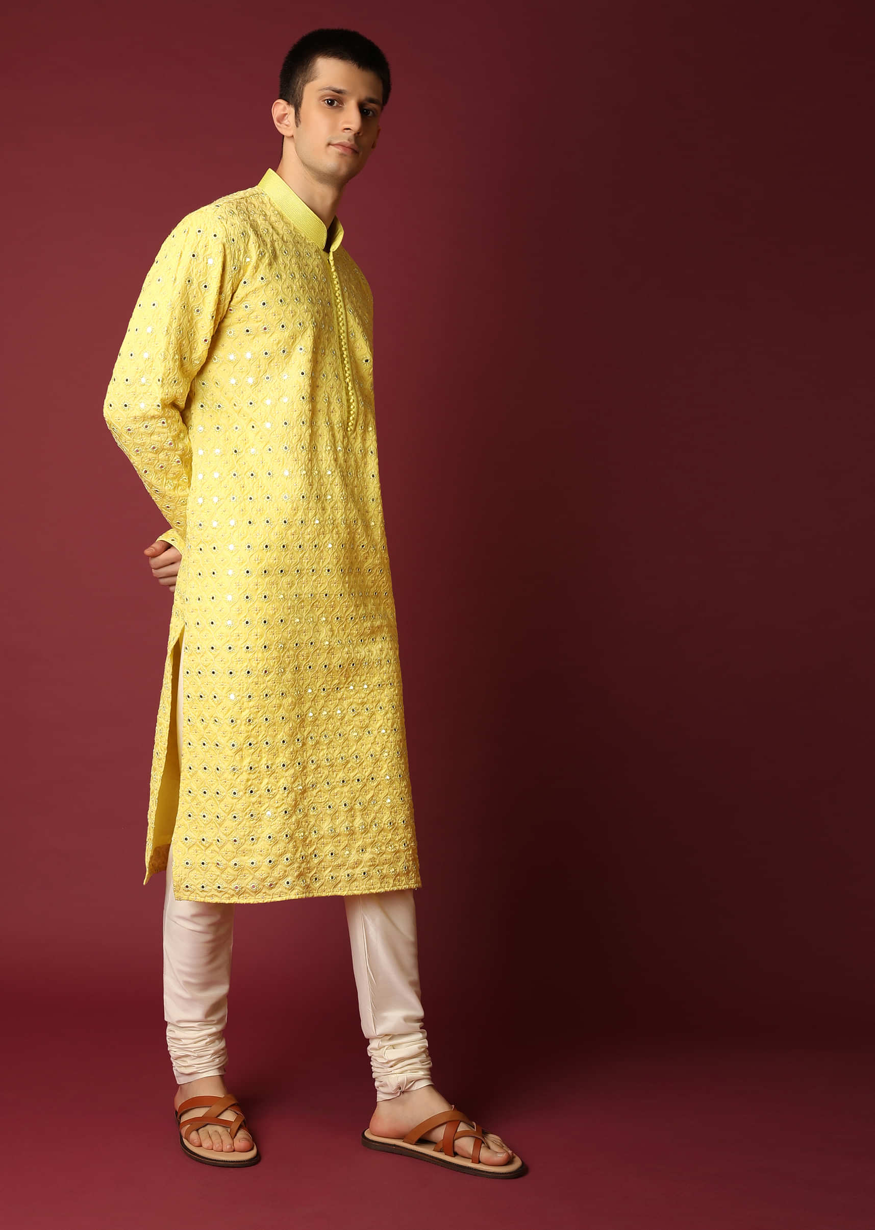 Yellow Kurta Set In Raw Silk With Lucknowi Thread And Mirror Embroidered Jaal