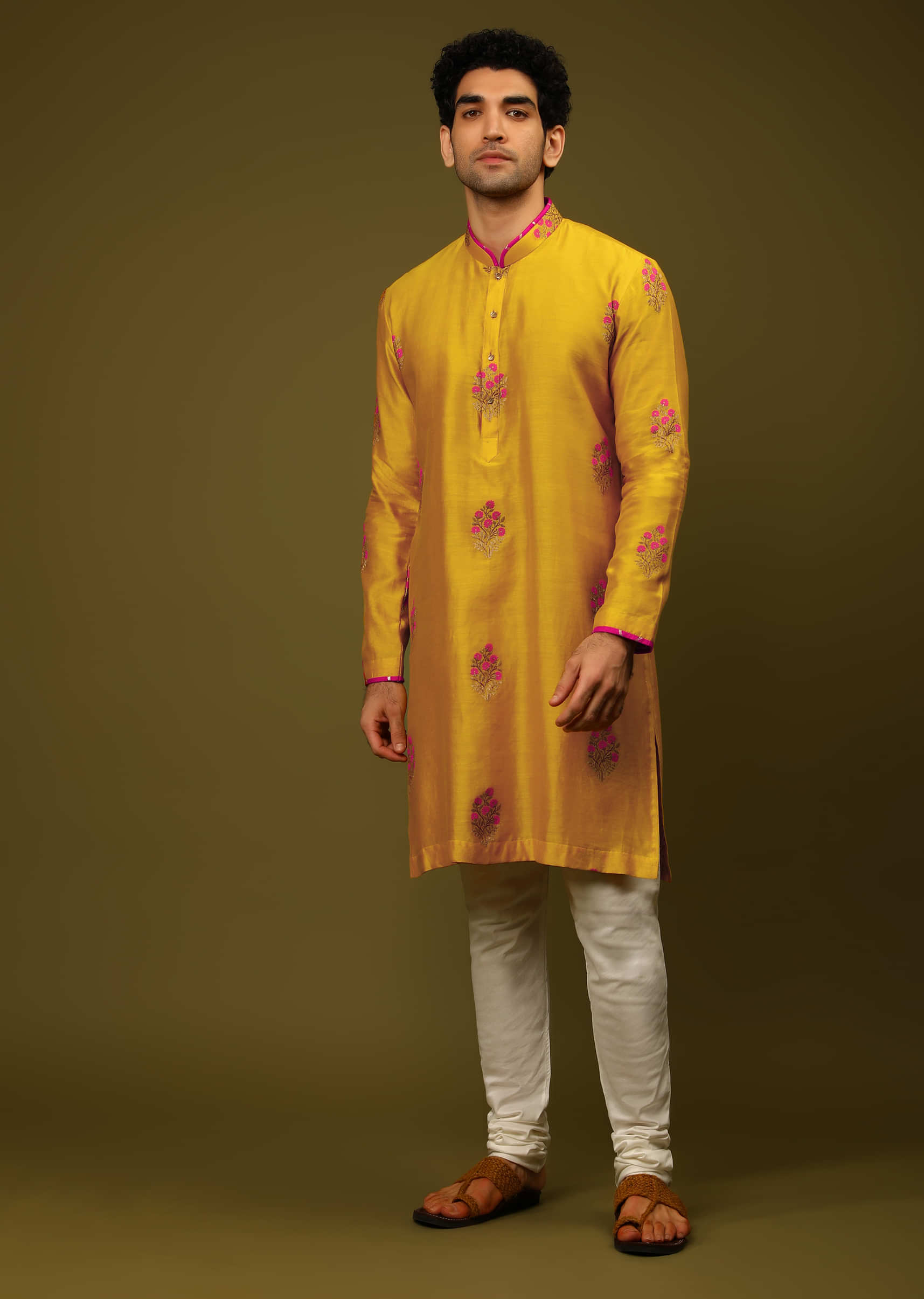 Yellow Kurta Set In Silk With Printed Floral Buttis  