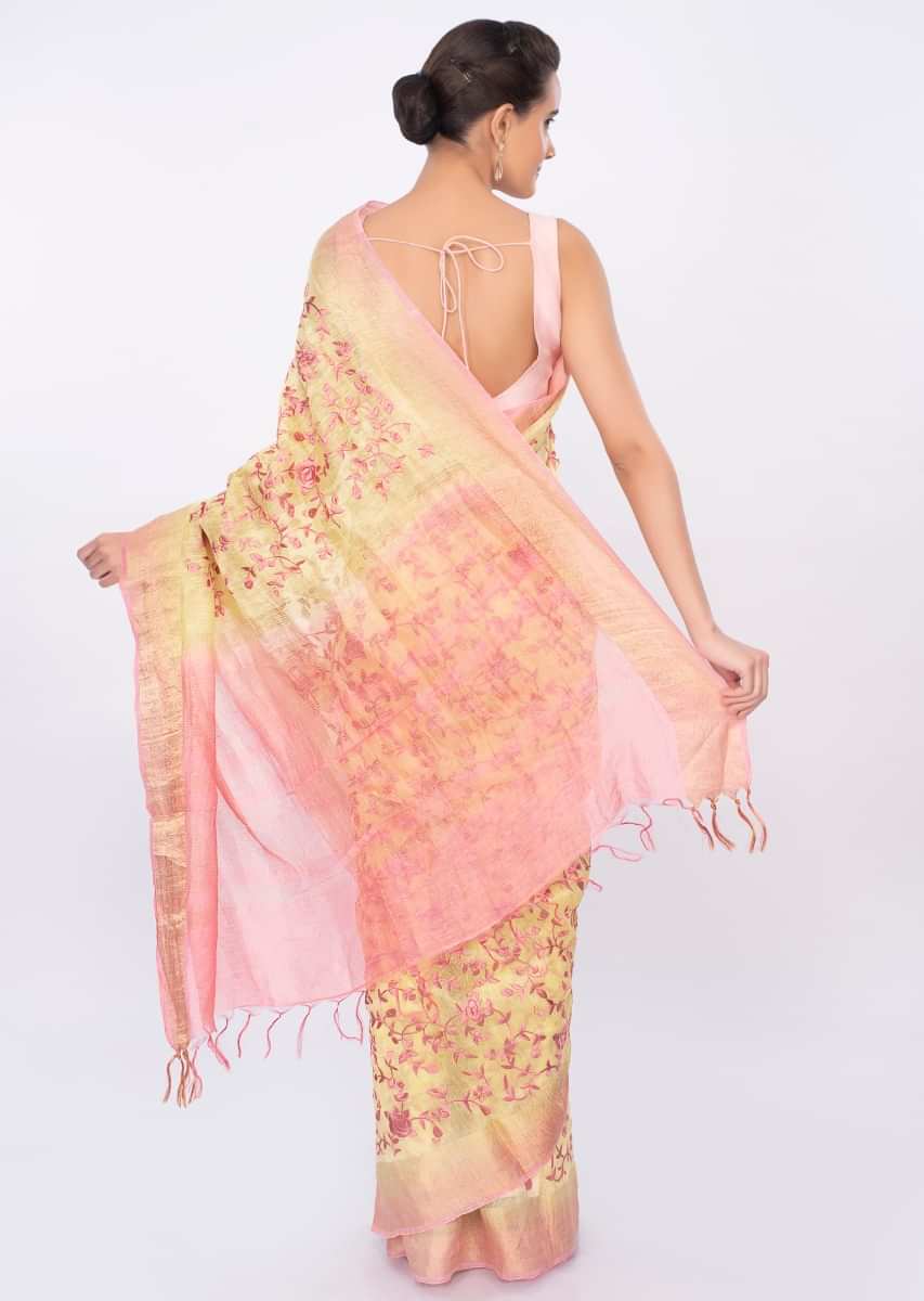 Yellow Saree In Linen With Pink Floral Jaal Embroidery Online - Kalki Fashion