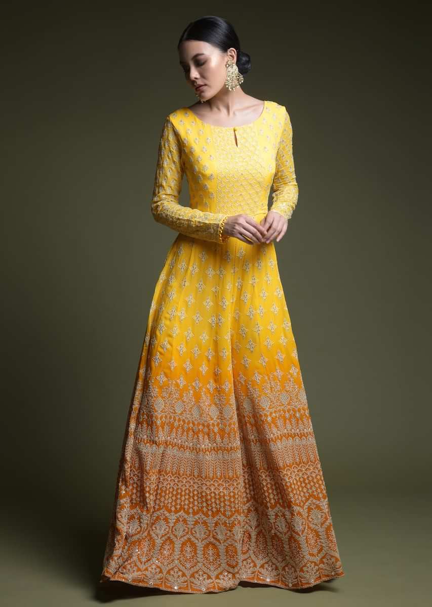 Yellow Ombre Jumpsuit In Georgette With Lucknowi Thread Embroidered Buttis And Heritage Floral Motifs  