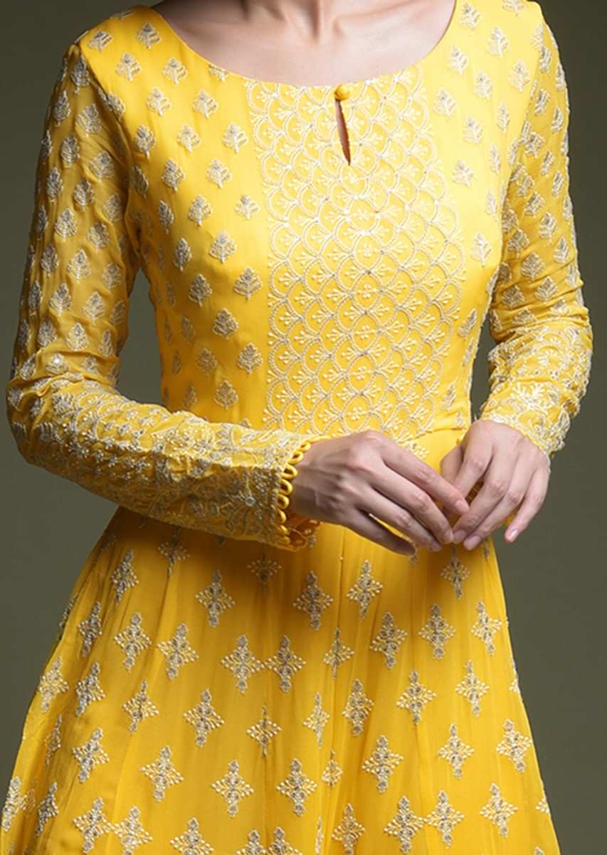 Yellow Ombre Jumpsuit In Georgette With Lucknowi Thread Embroidered Buttis And Heritage Floral Motifs  