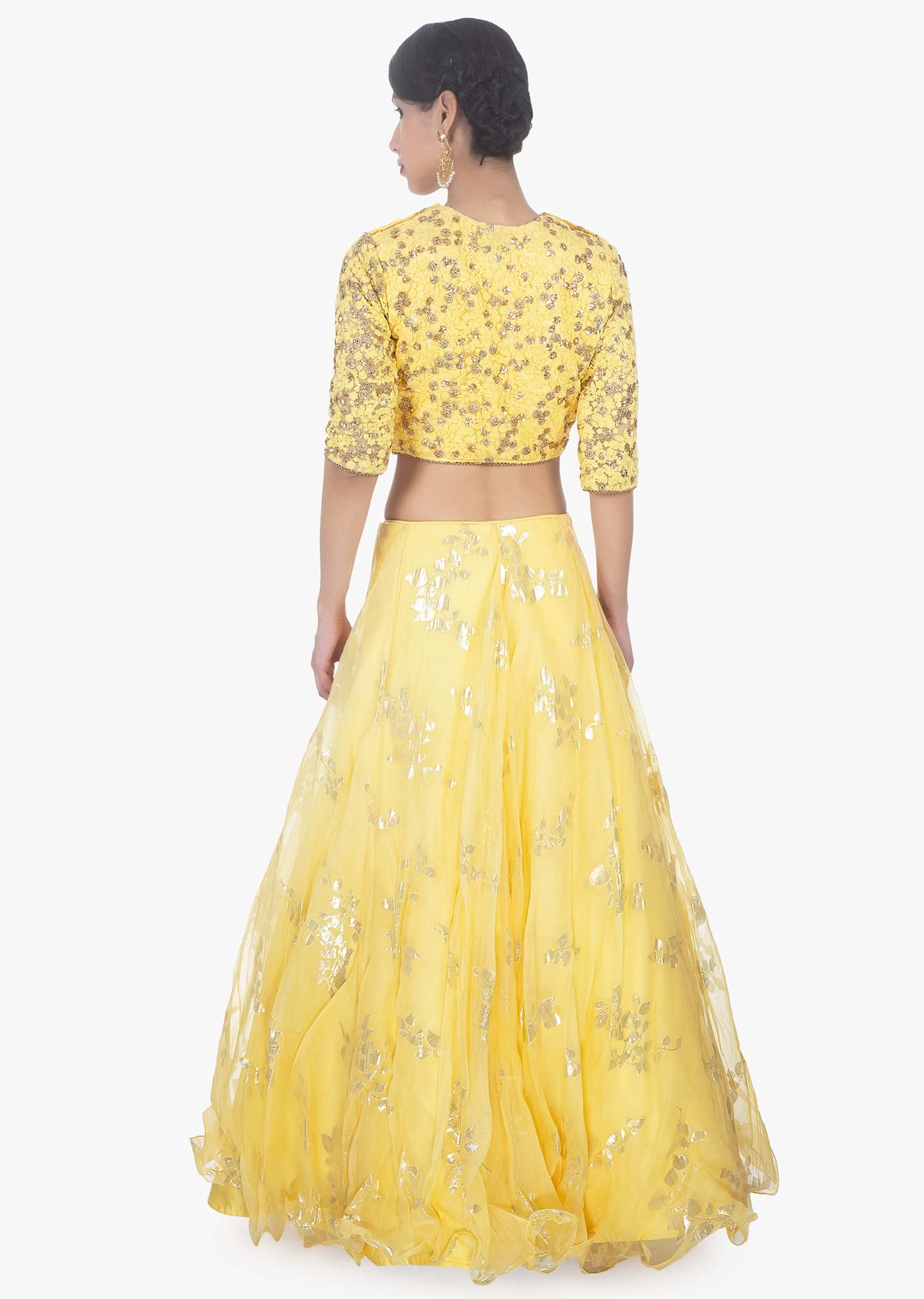 Yellow organza weaved lehenga with thread embroidered net blouse and net dupatta 