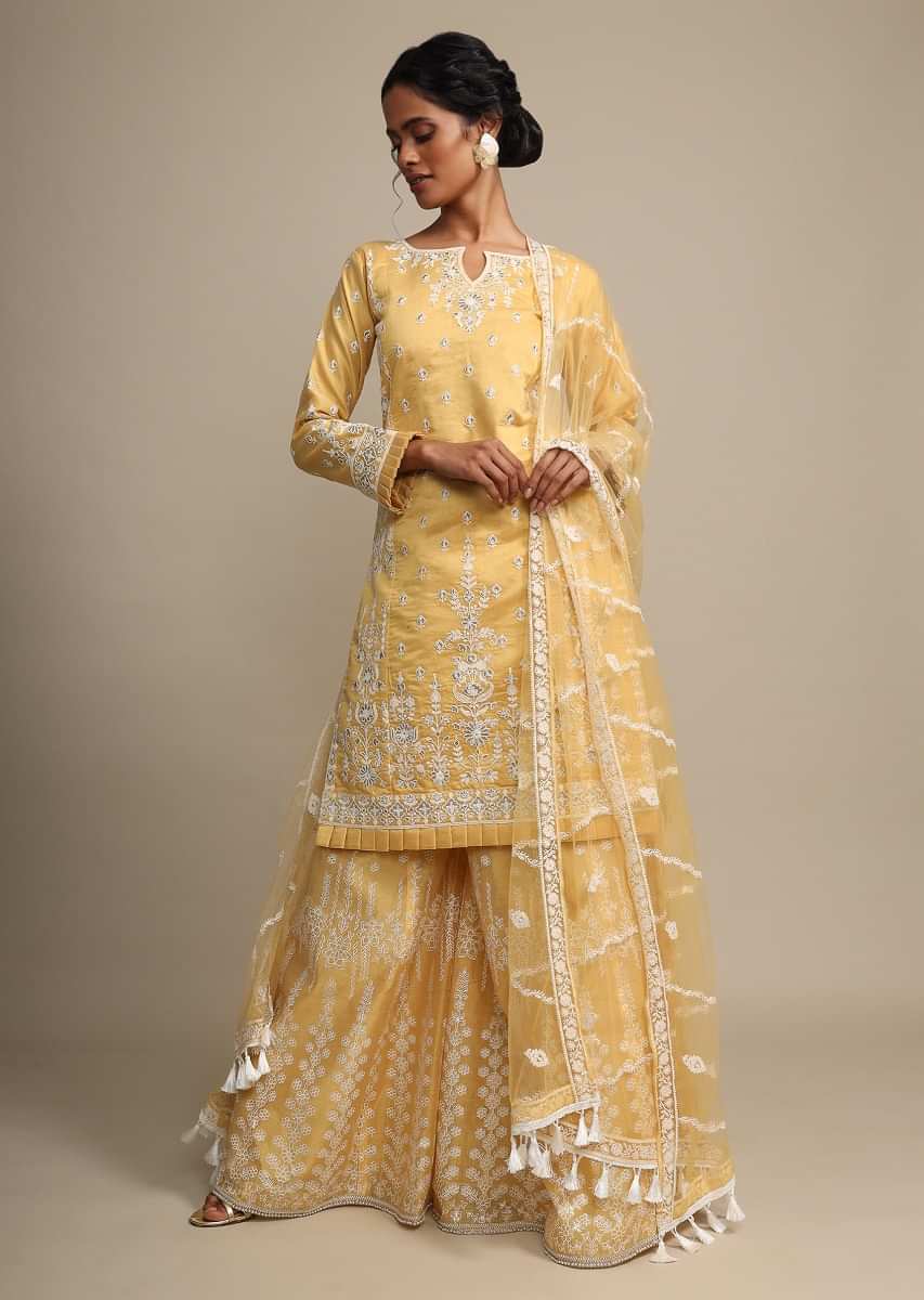 Buy Yellow Palazzo Suit In Cotton Silk With Heavy Thread Embroidery ...