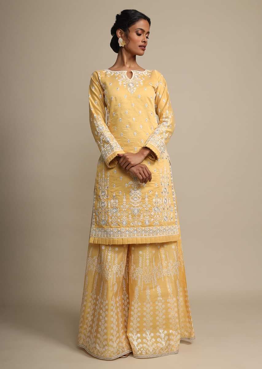 Buy Yellow Palazzo Suit In Cotton Silk With Heavy Thread Embroidery ...