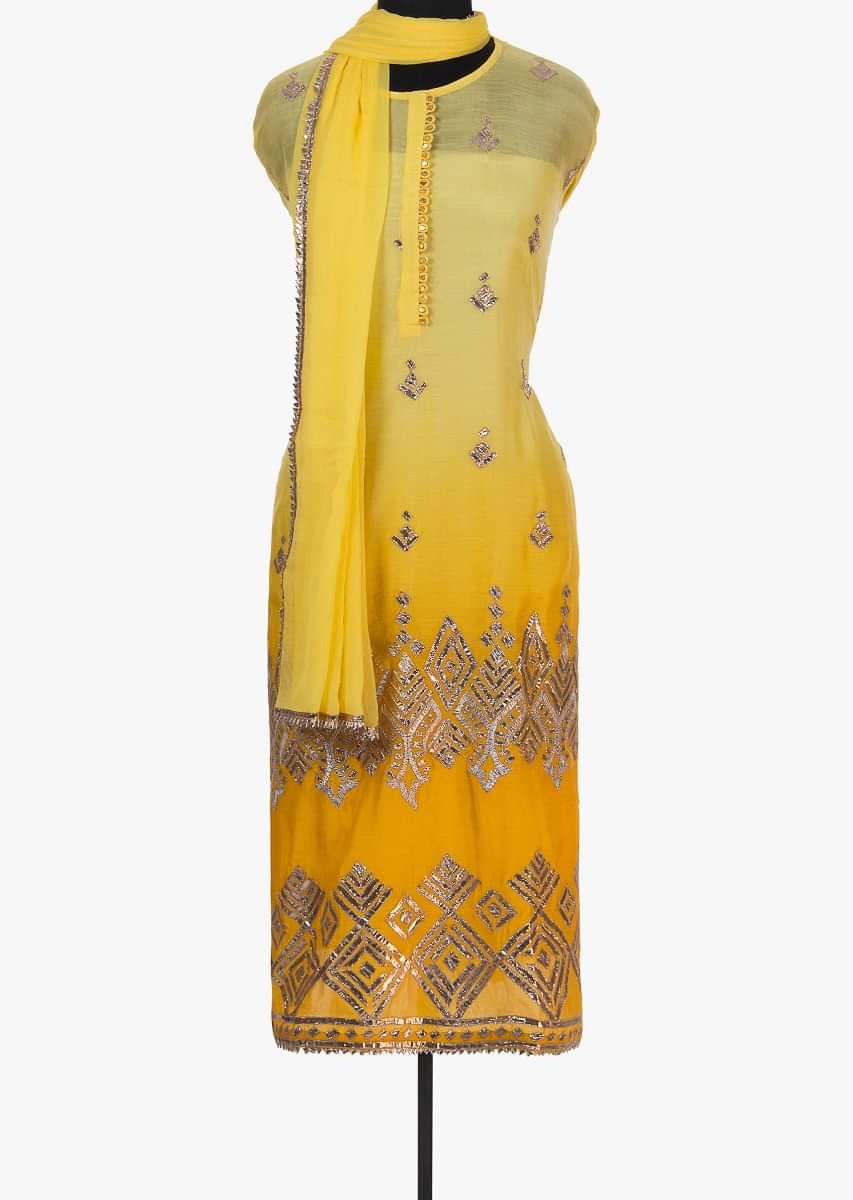 Yellow shaded unstitched silk suit in gotta patch embroidery