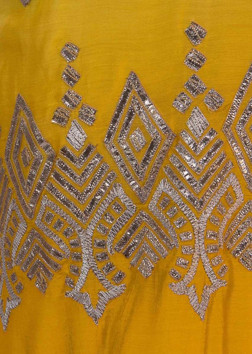 Yellow shaded unstitched silk suit in gotta patch embroidery
