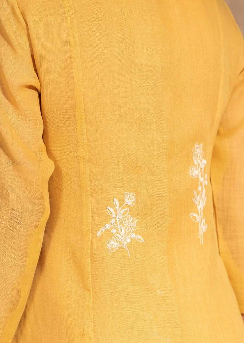 Buy Yellow Straight Cut Palazzo Suit In Linen With Aari Thread Work And ...