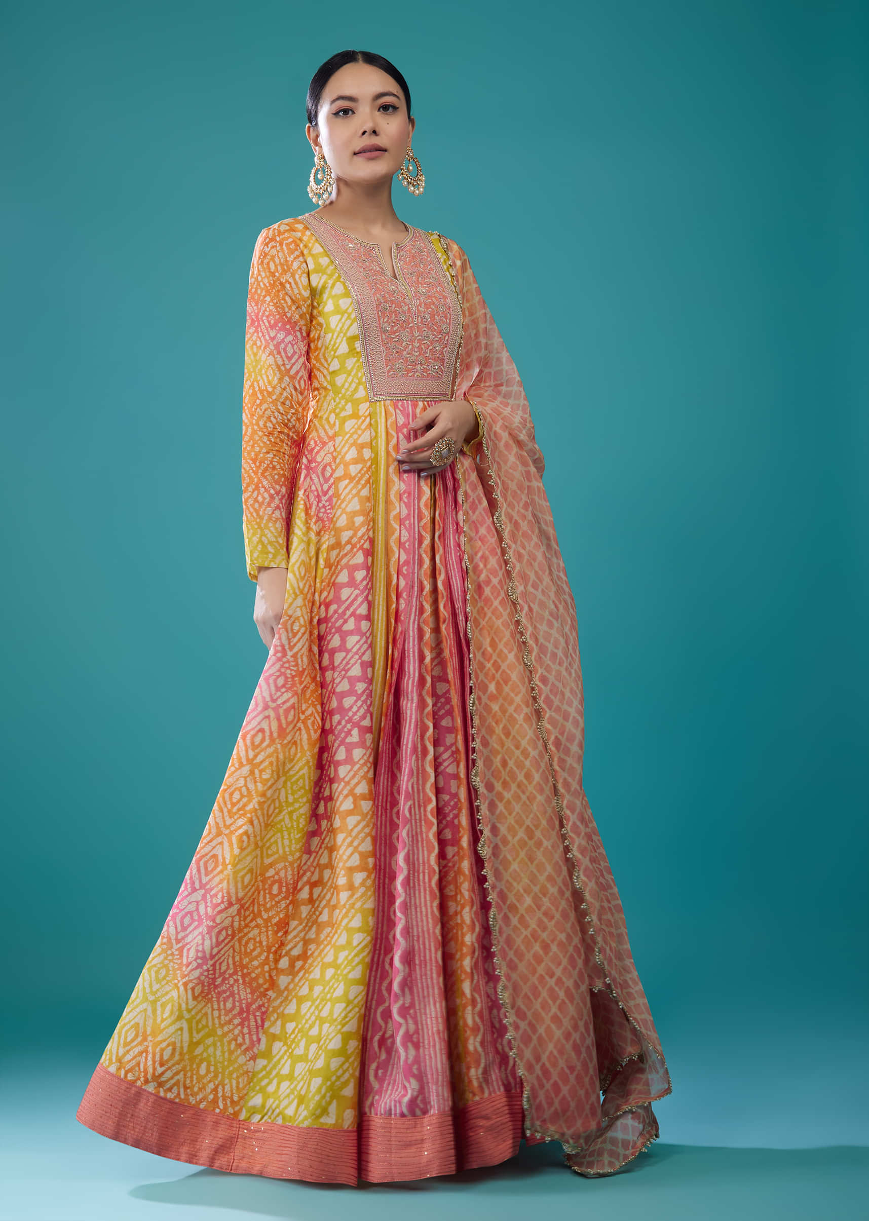 Yellow-Toned Silk Anarkali Suit With Embroidery