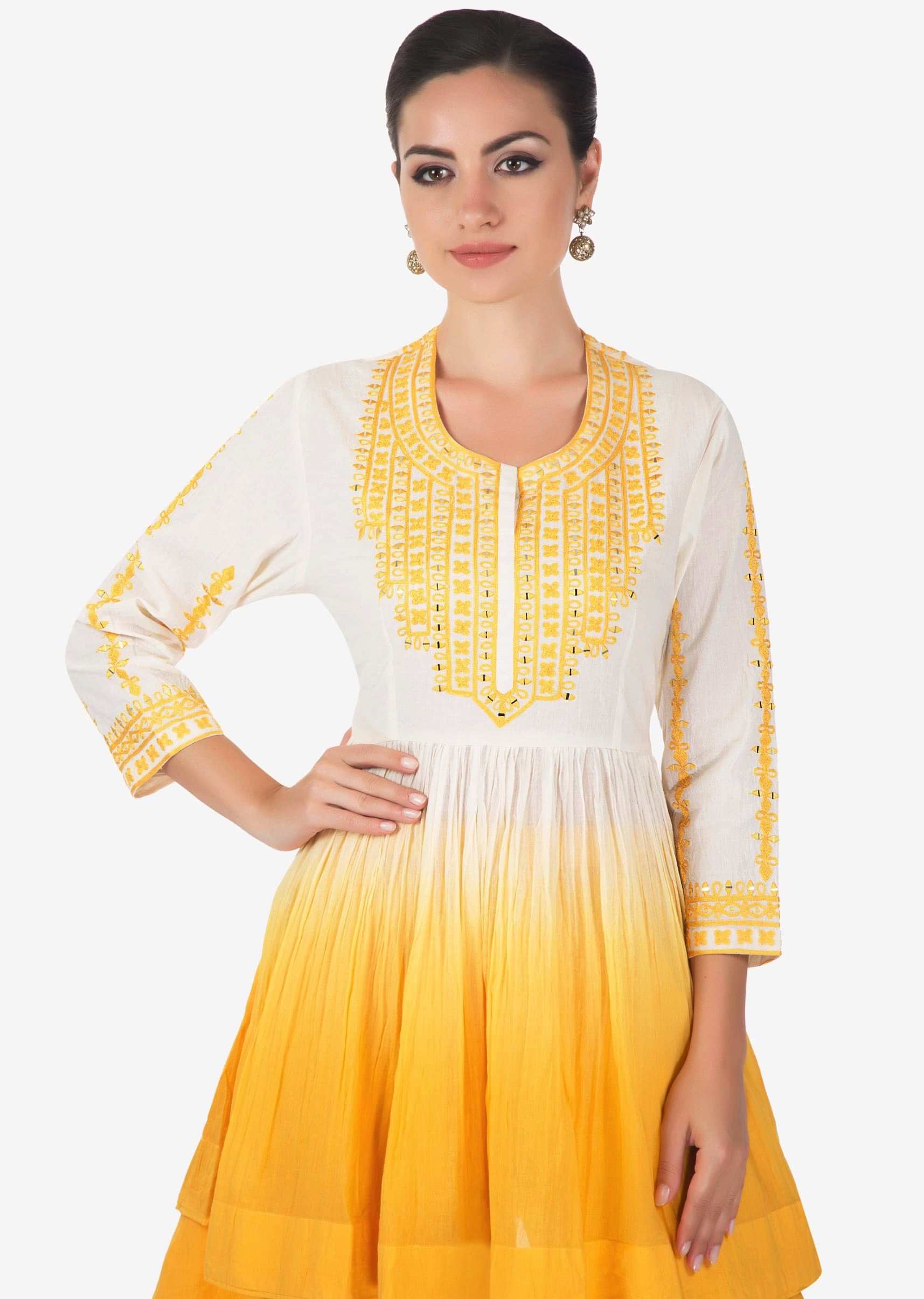 Yellow white Flared short cotton  kurti with a matching Yellow cotton dhoti pants  only on kalki