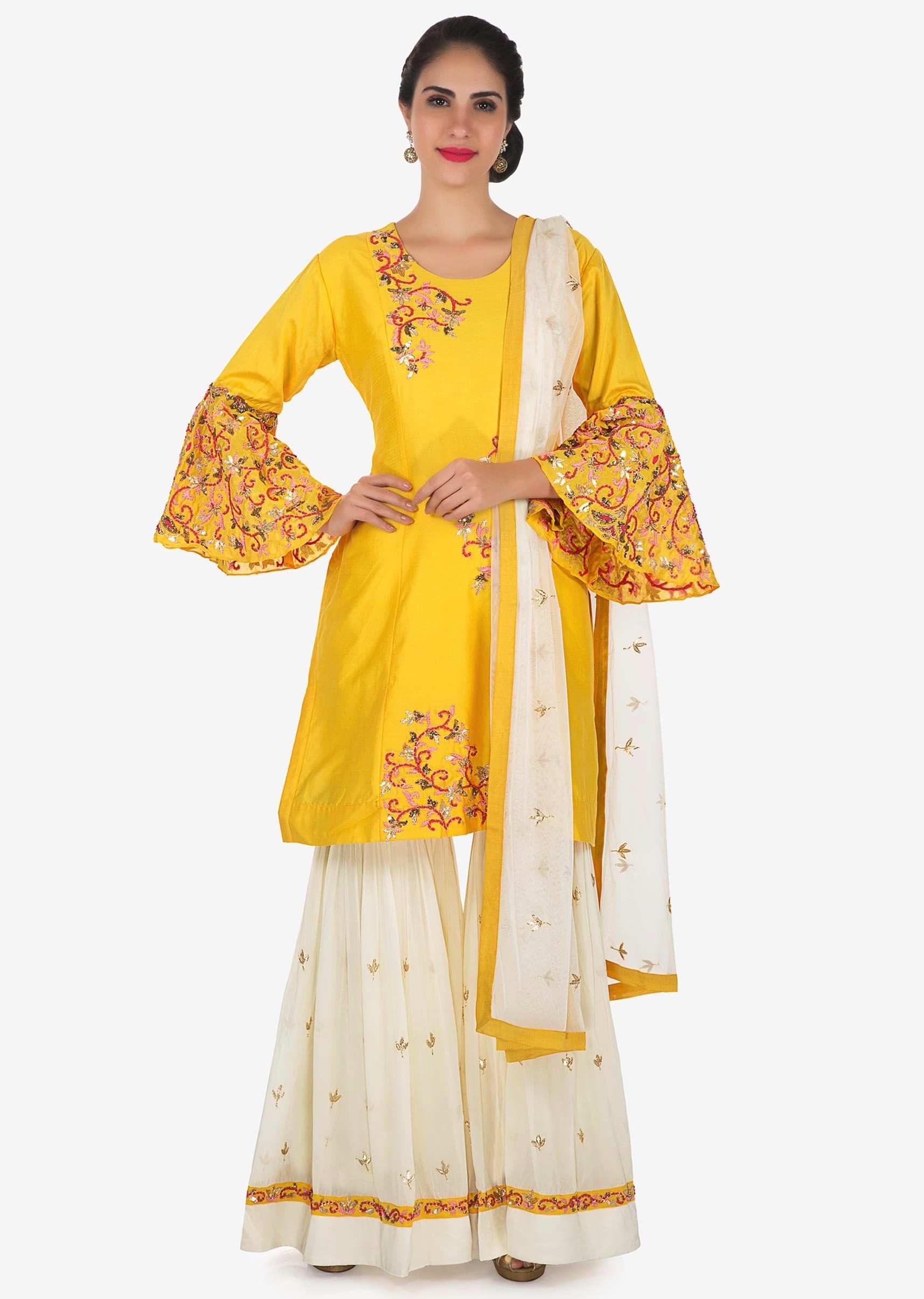 Yellow A line top with palazzo pant in sequin and french knot embroidery only on Kalki