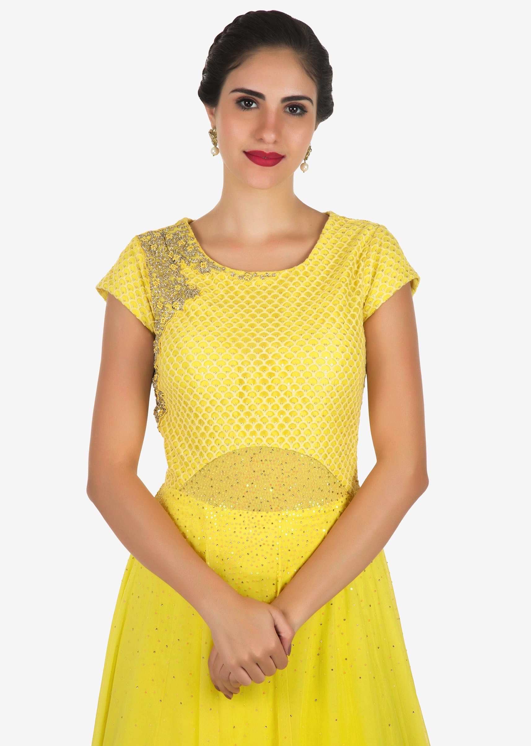 Yellow anarkali gown with ready pleated dupatta adorn in cut dana embroidery work only on Kalki