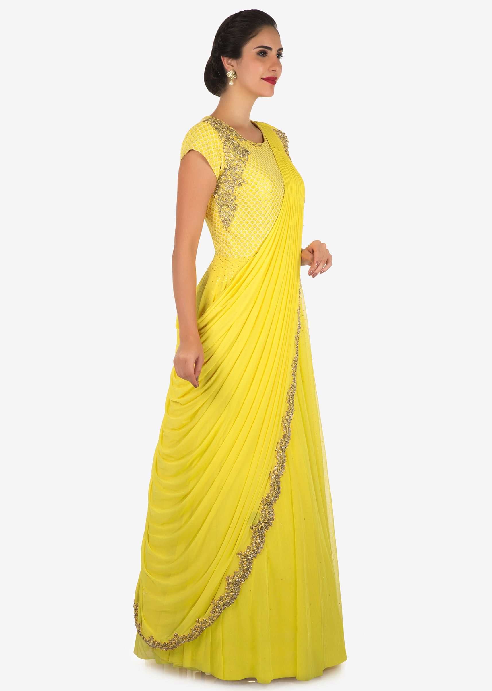 Yellow anarkali gown with ready pleated dupatta adorn in cut dana embroidery work only on Kalki