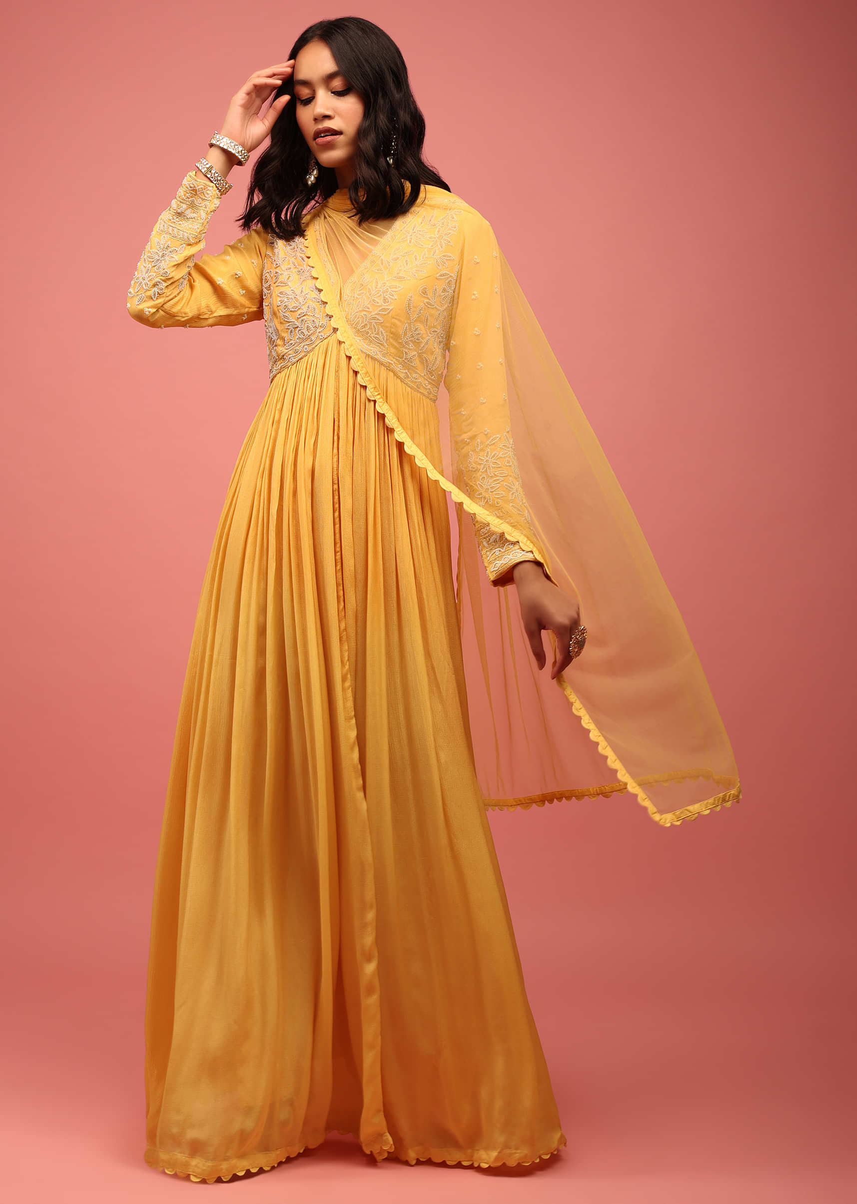 Yellow Anarkali Suit In Chiffon With Empire Style Heavily Embroidered Bodice In Moti Work