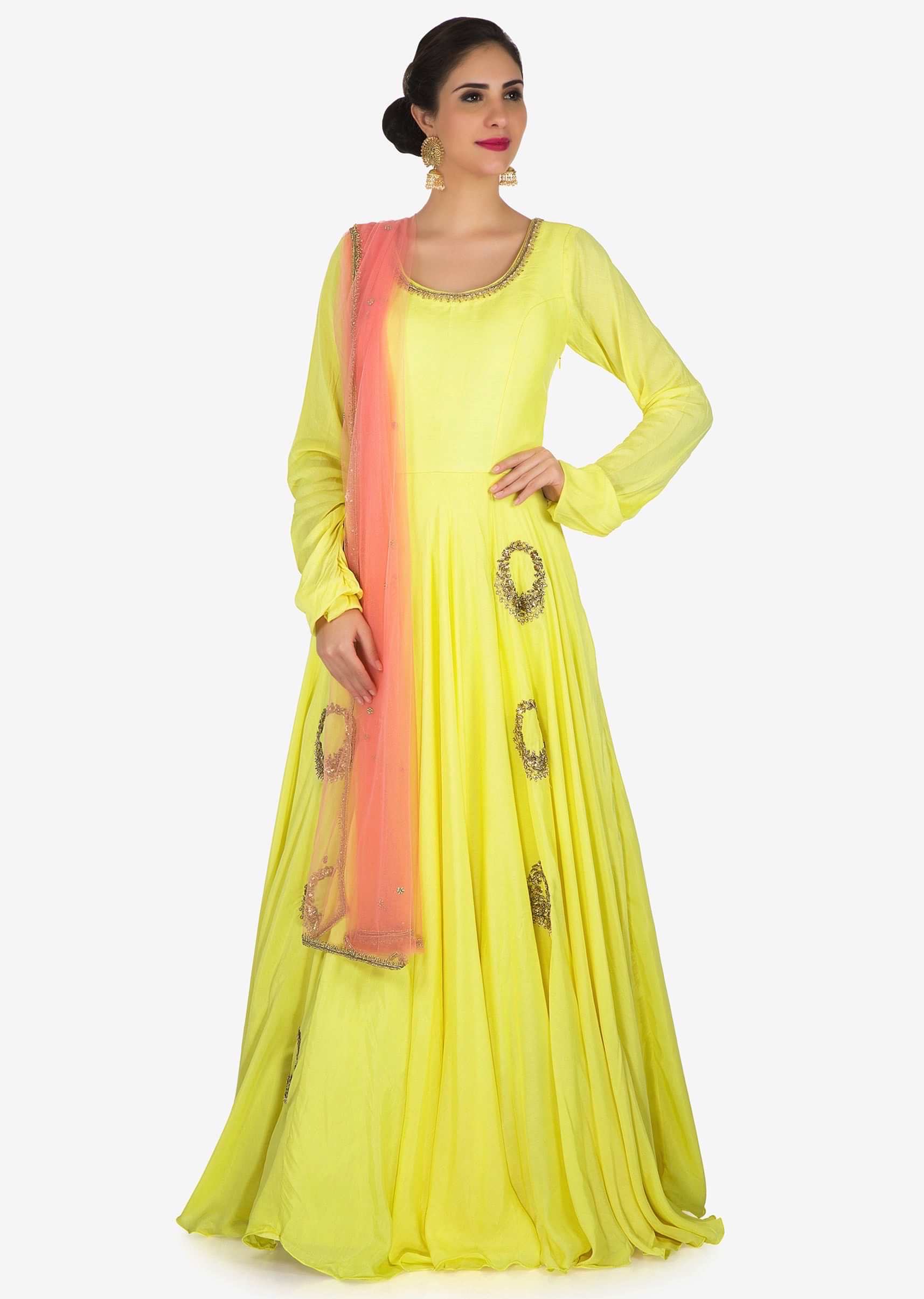 Yellow anarkali suit in cotton silk decorated in beautiful zardosi embroidered work only on Kalki