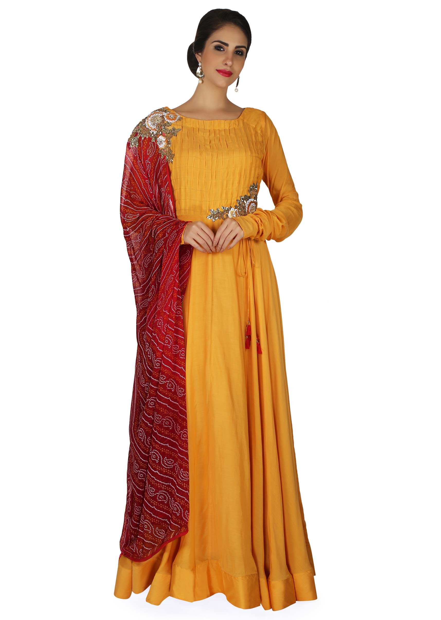 Yellow anarkali suit in embroidered patch with attach dupatta only on Kalki