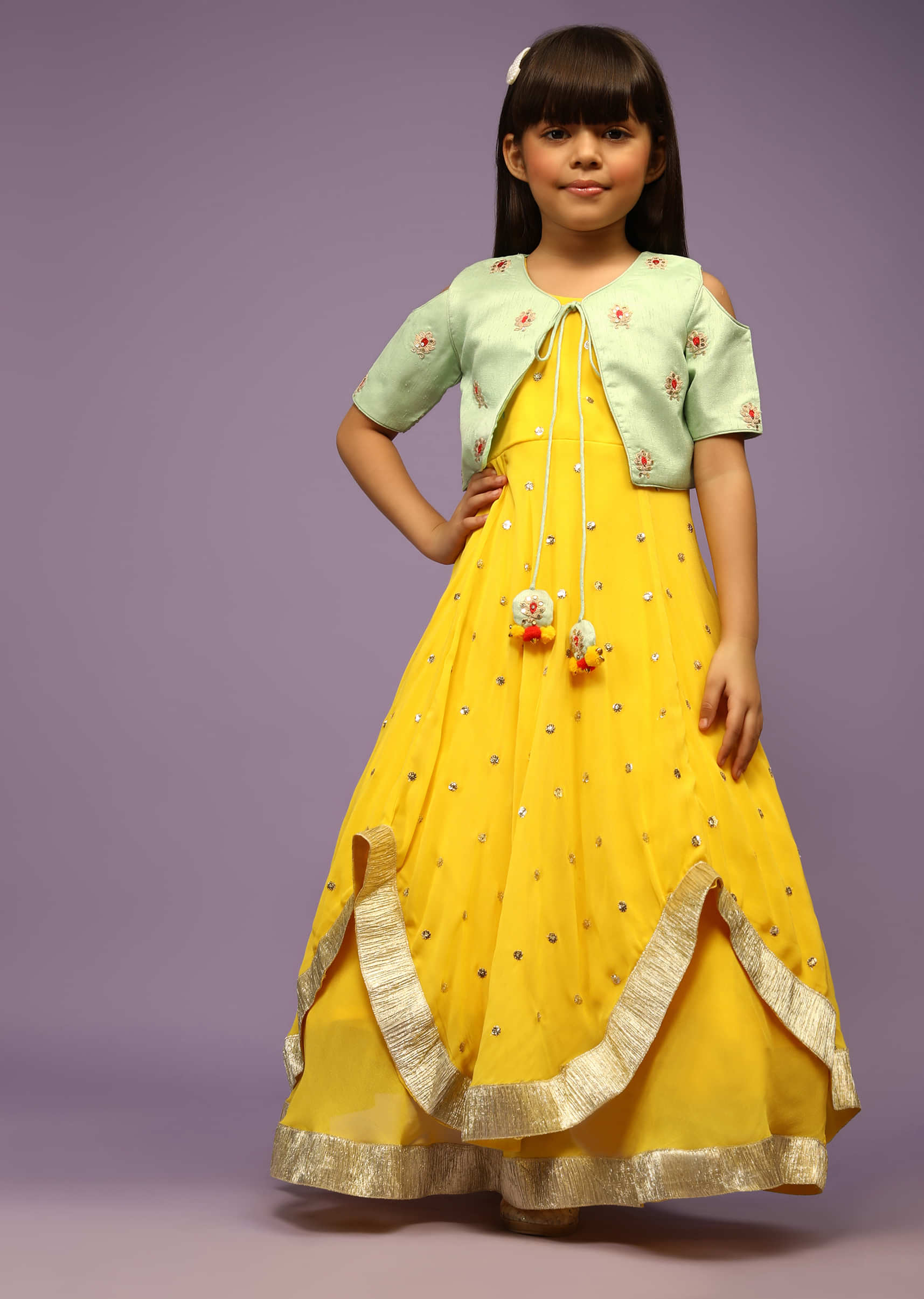 Kalki Girls Yellow Anarkali Suit In Georgette With High-low Layers And Pista Green Cold Shoulder Jacket By Fayon Kids