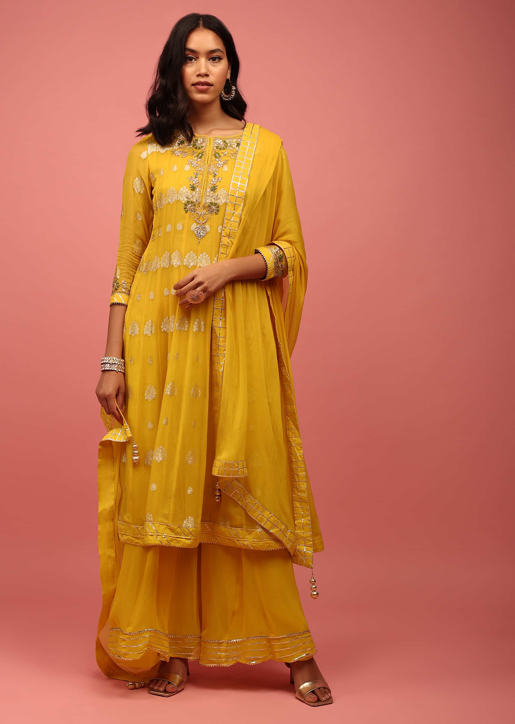 Chrome Yellow Anarkali Suit Set In Banarasi Georgette, Embellished With Brocade And Zardosi Work