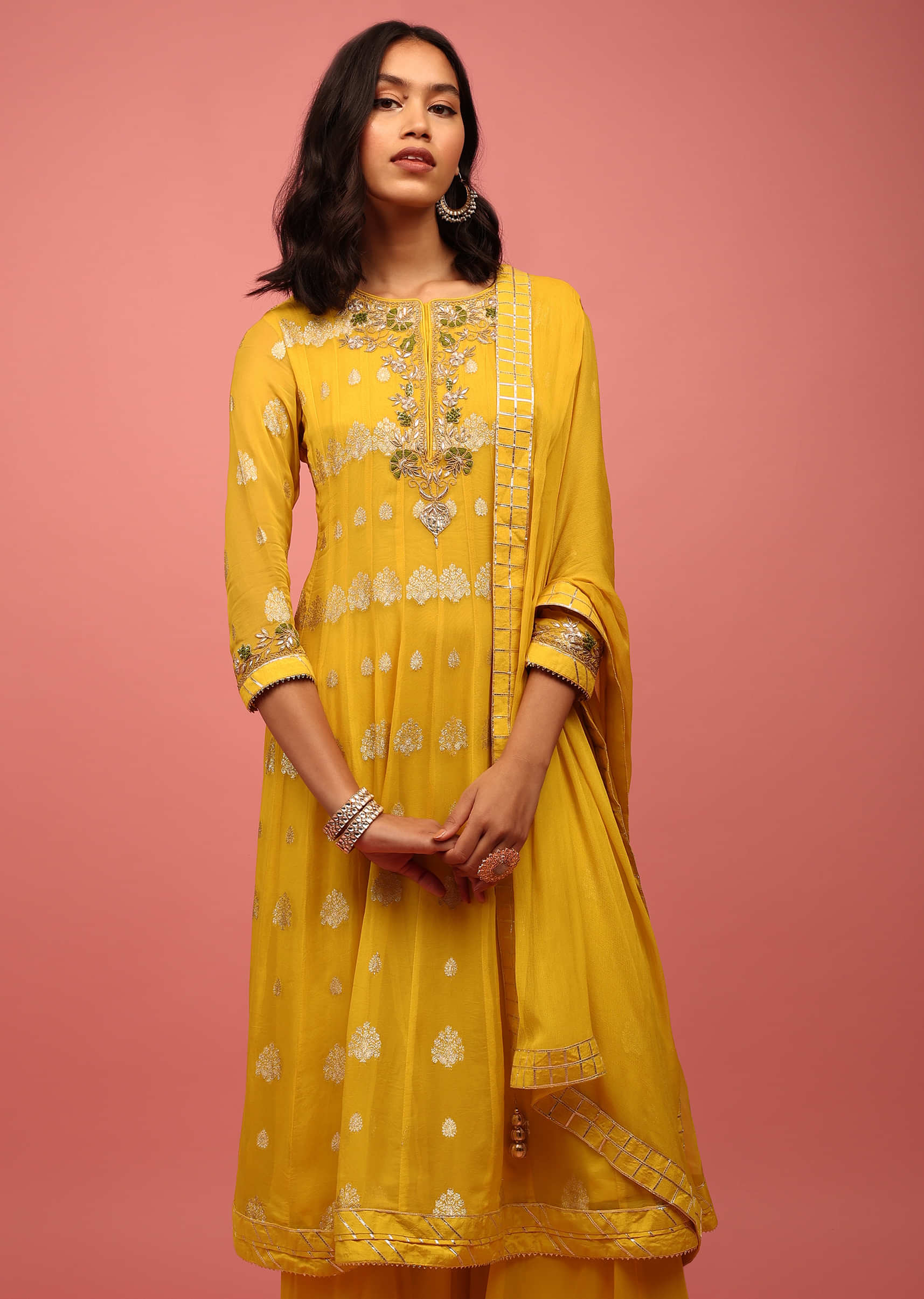 Chrome Yellow Anarkali Suit Set In Banarasi Georgette, Embellished With Brocade And Zardosi Work