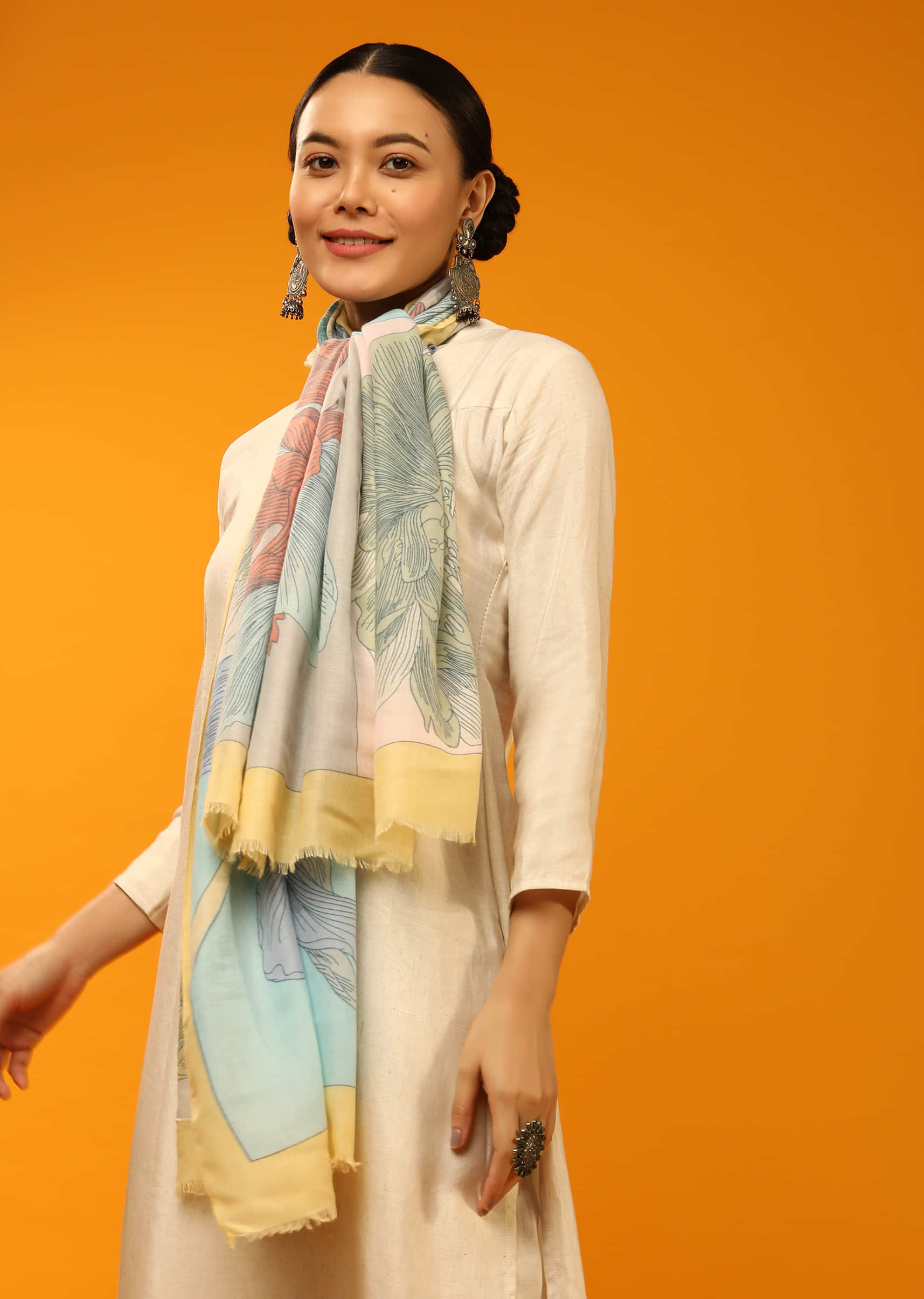Yellow And Blue Scarf In Cotton Blend With Floral Print Online - Kalki Fashion