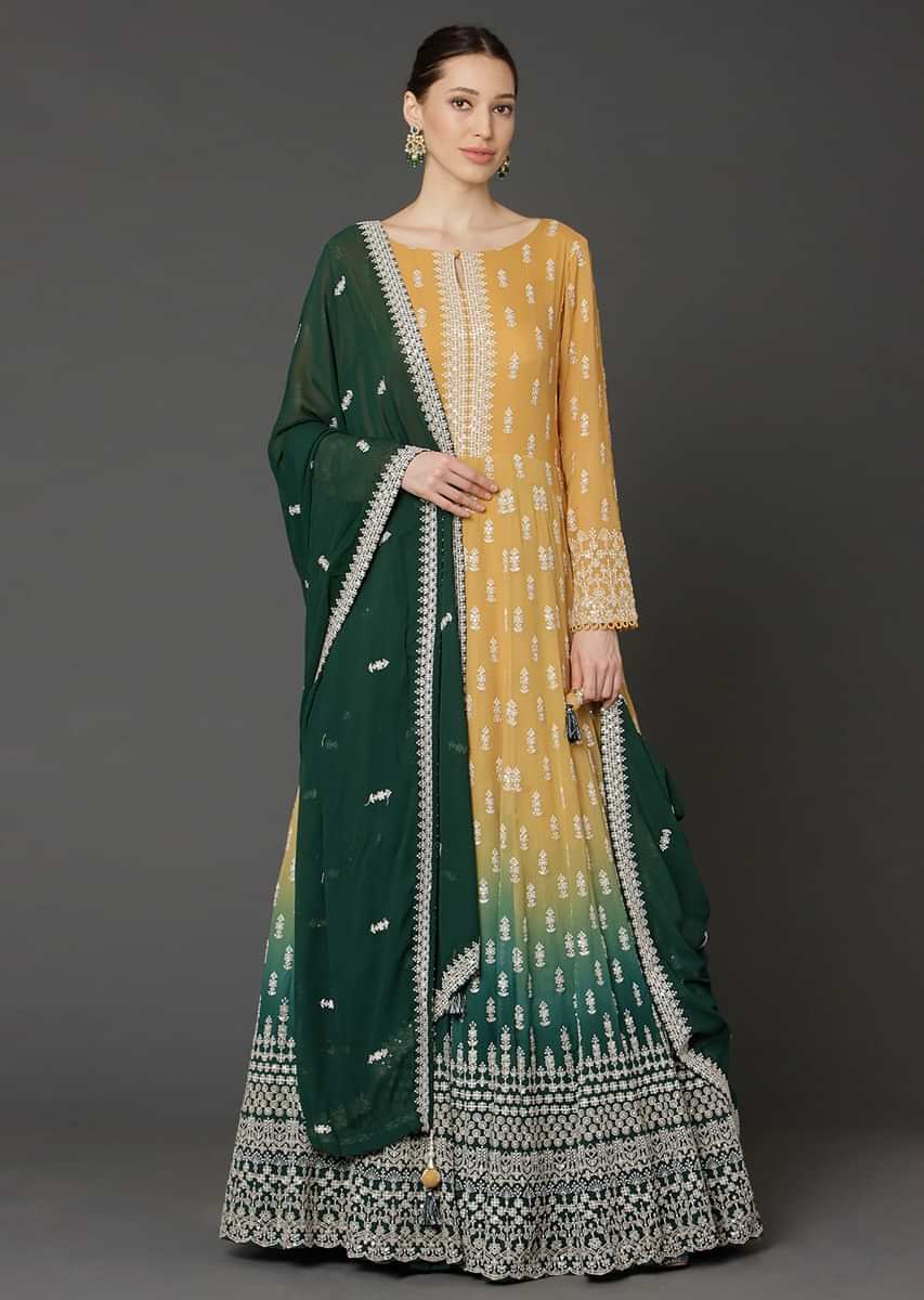 Yellow And Green Shaded Anarkali In Georgette With Lucknowi Thread Embroidered Buttis  