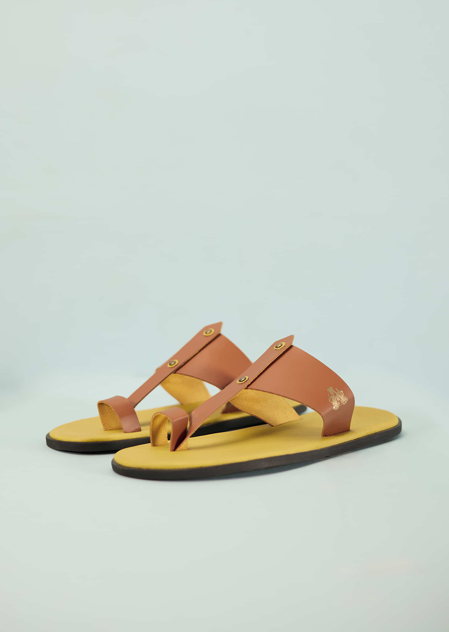Yellow And Tan Brown Strappy Slides For Men In Leather With Buttons