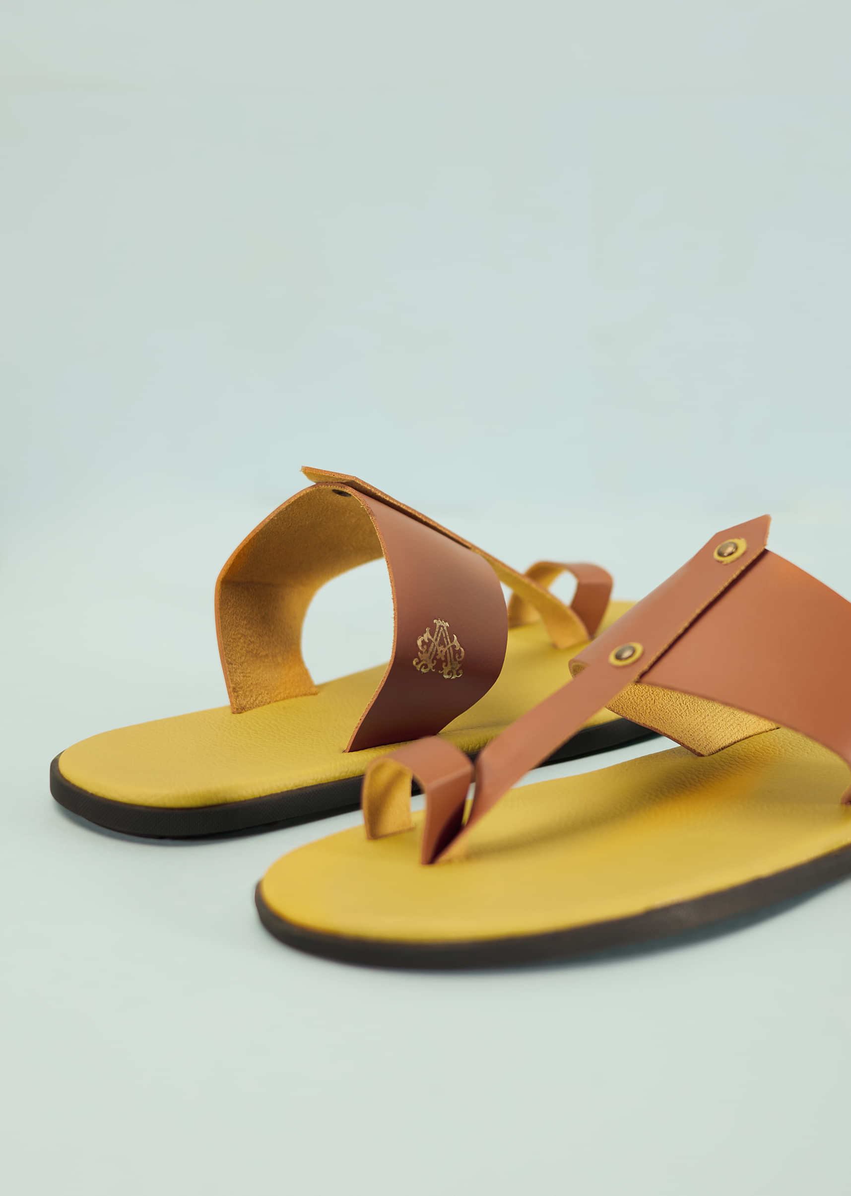 Yellow And Tan Brown Strappy Slides For Men In Leather With Buttons