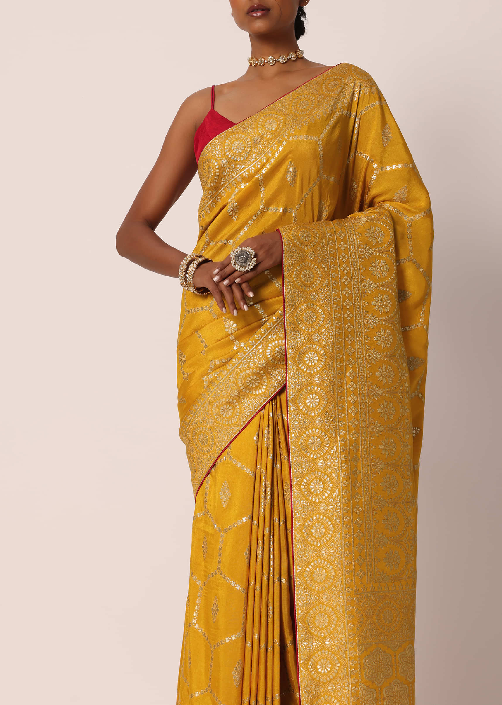 Buy Yellow Banarasi Silk Saree With Hexagon Jaal Weave And Unstitched  Blouse Piece