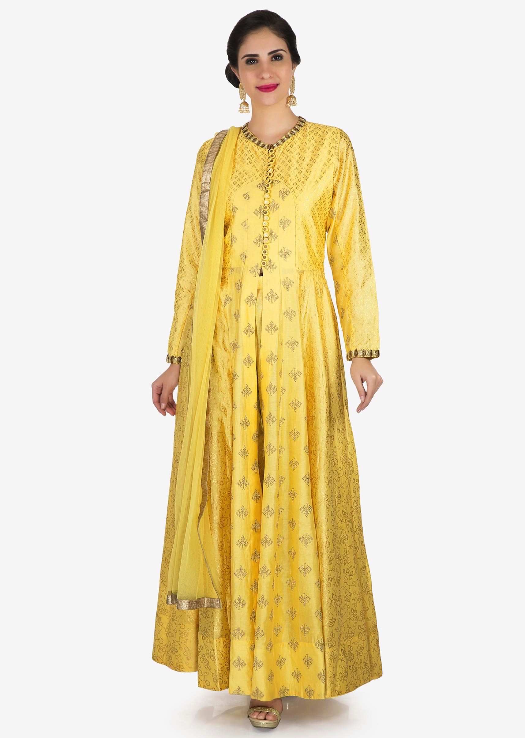 Yellow belly cut anarkali suit beautiful with foil print and zardosi embroidered work only on Kalki