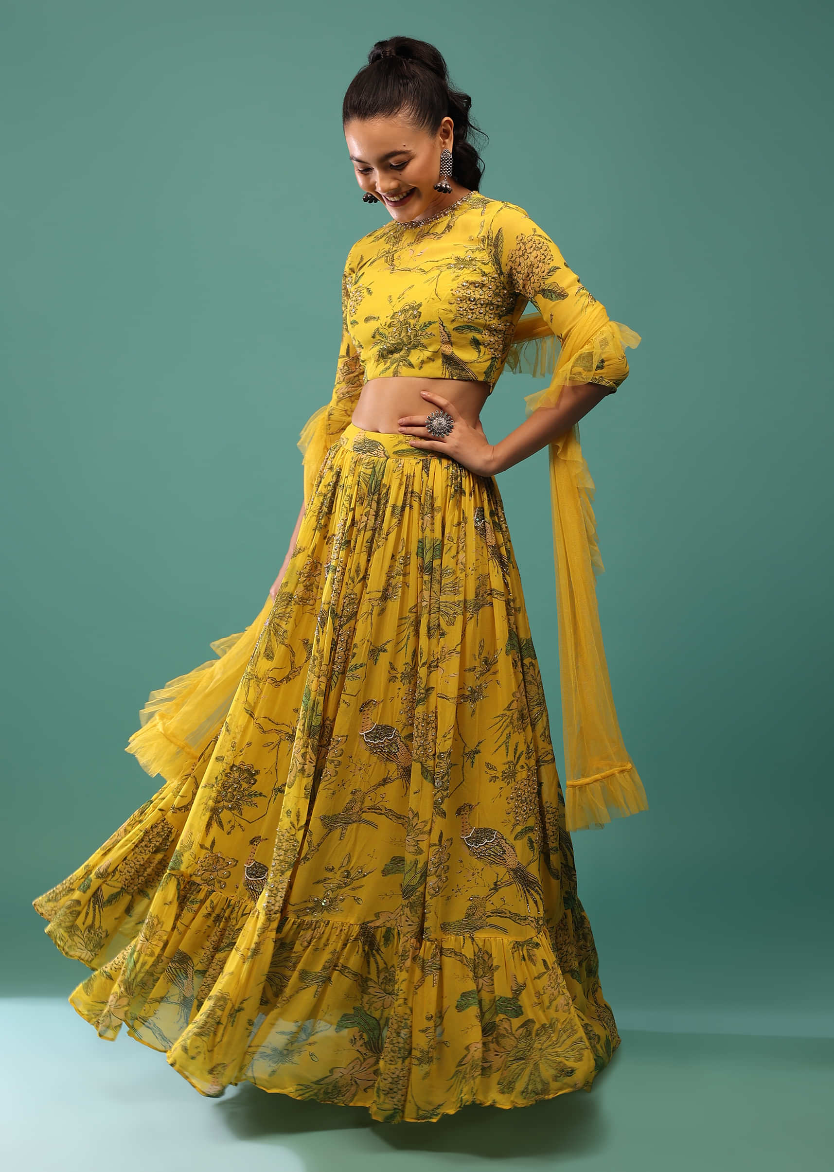 Yellow Blouse And Skirt Set With Frills And Sequins