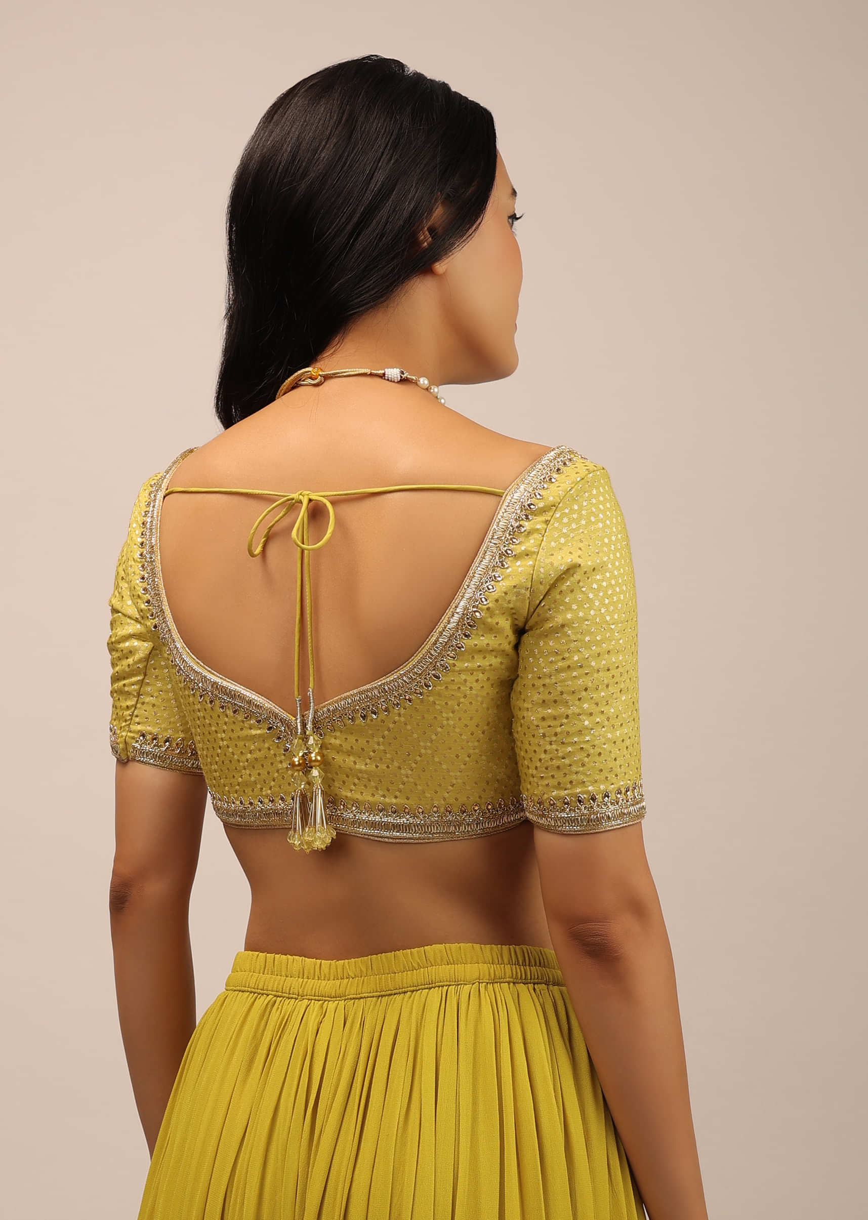 Yellow Brocade Blouse With Front Hook Closure, Half Sleeves And Gotta Patti Embroidery