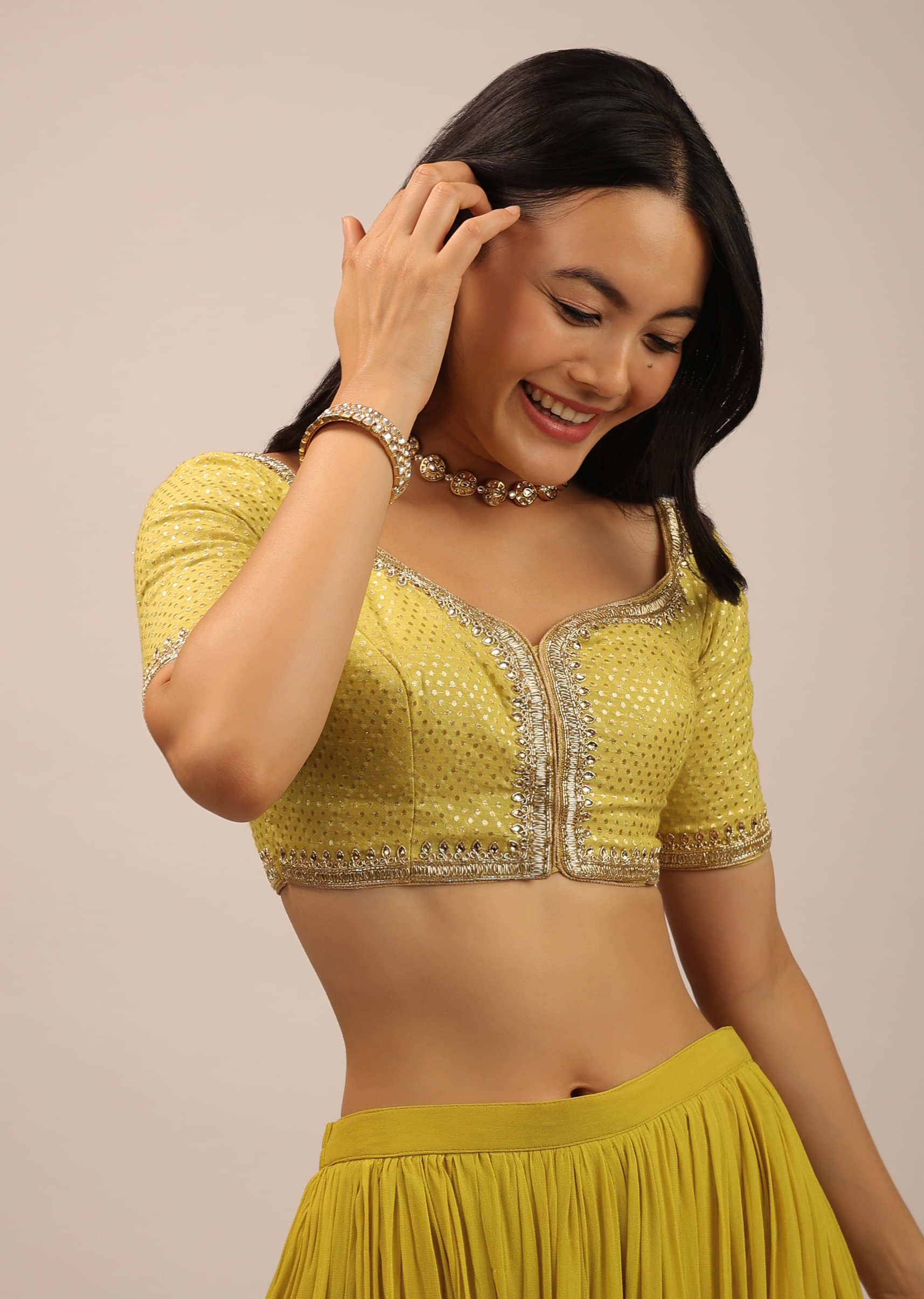Buy Yellow Brocade Blouse With Front Hook Closure, Half Sleeves And Gotta  Patti Embroidery