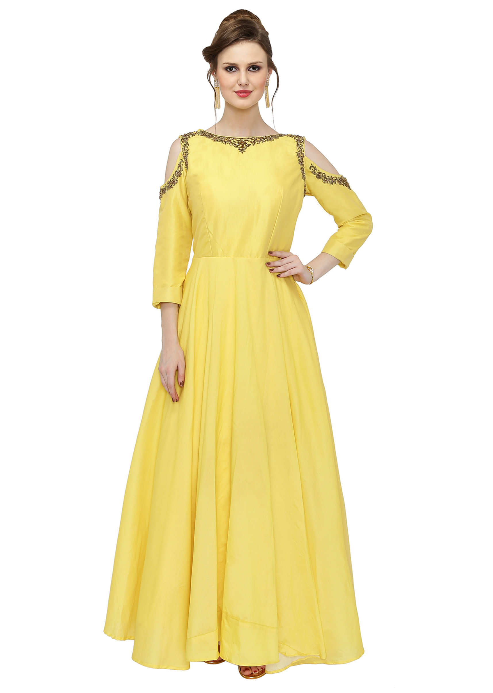 Yellow Cotton Silk Cold Shoulder Gown with Zardosi Work only on Kalki