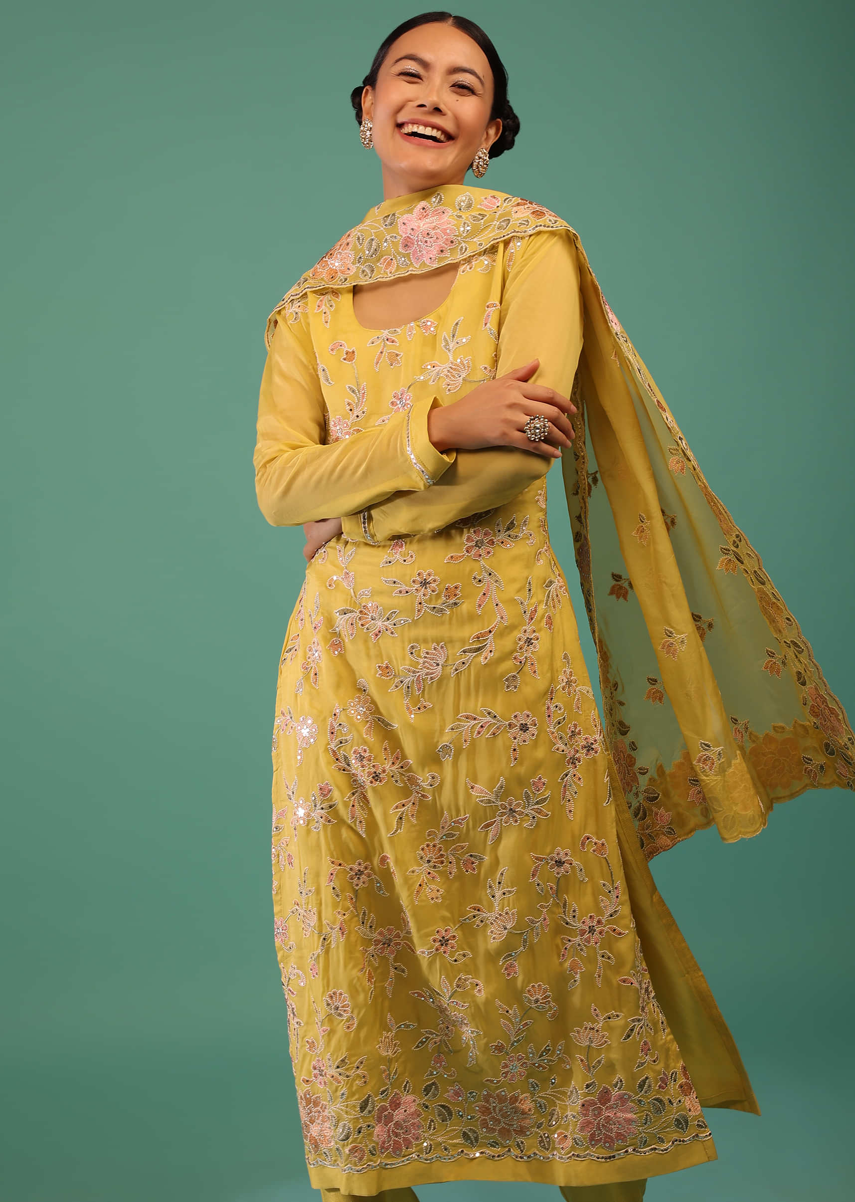 Yellow Cotton Silk Kurti With Sequins And Resham Jaal Work
