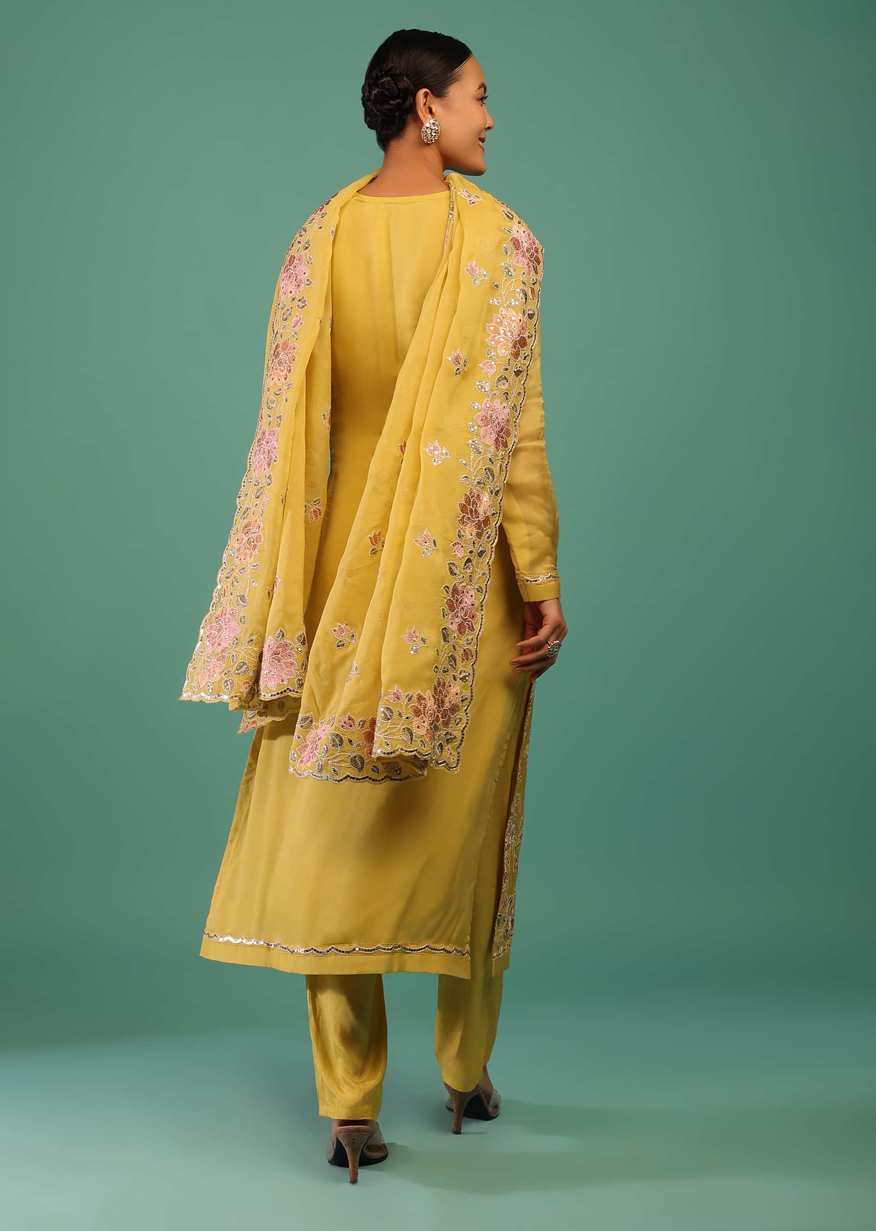 Yellow Cotton Silk Kurti With Sequins And Resham Jaal Work