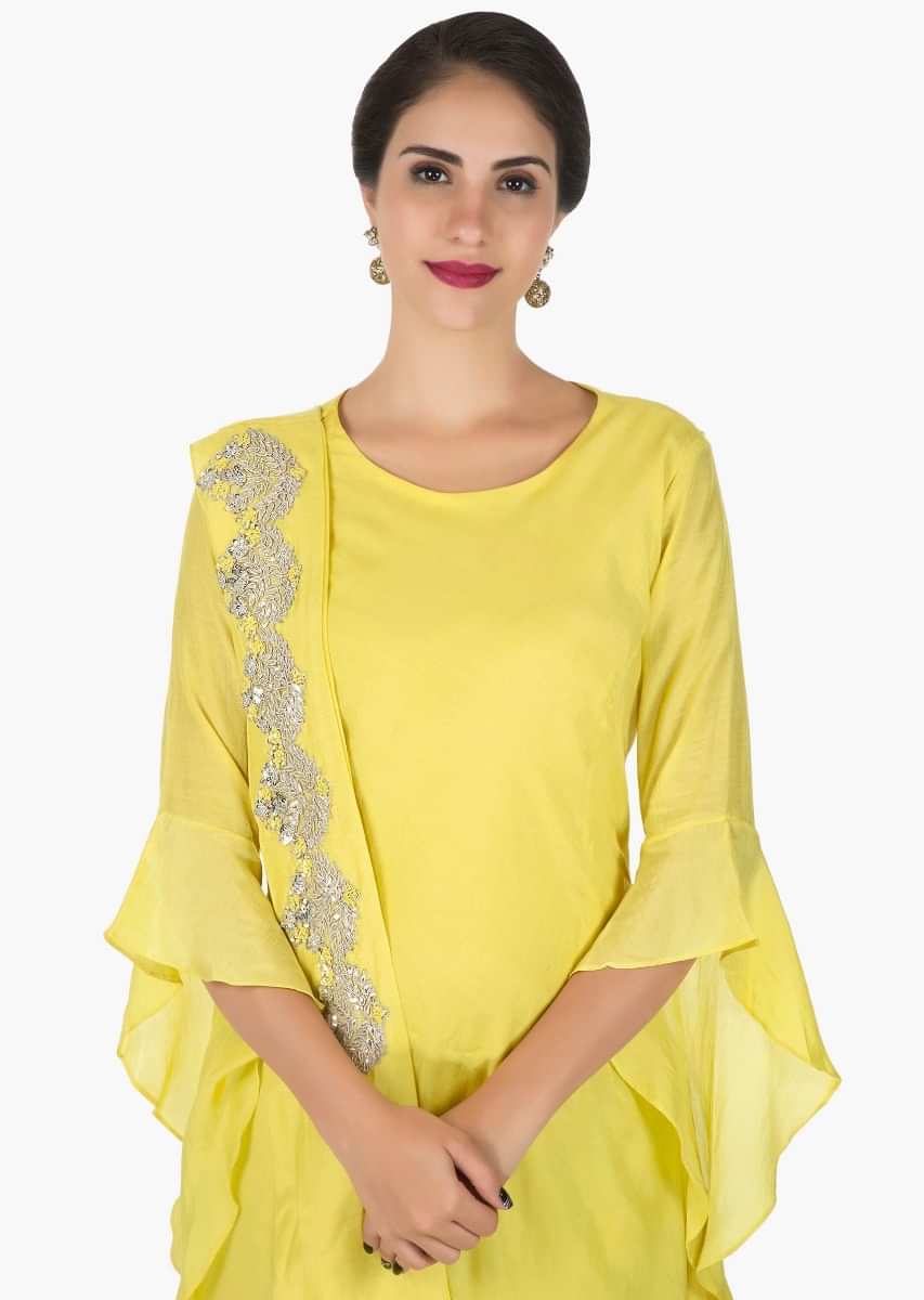 Yellow Tunic In Cotton With Ready Pleated Dupatta Enhanced In Gotapatti Embroidery Work Online - Kalki Fashion