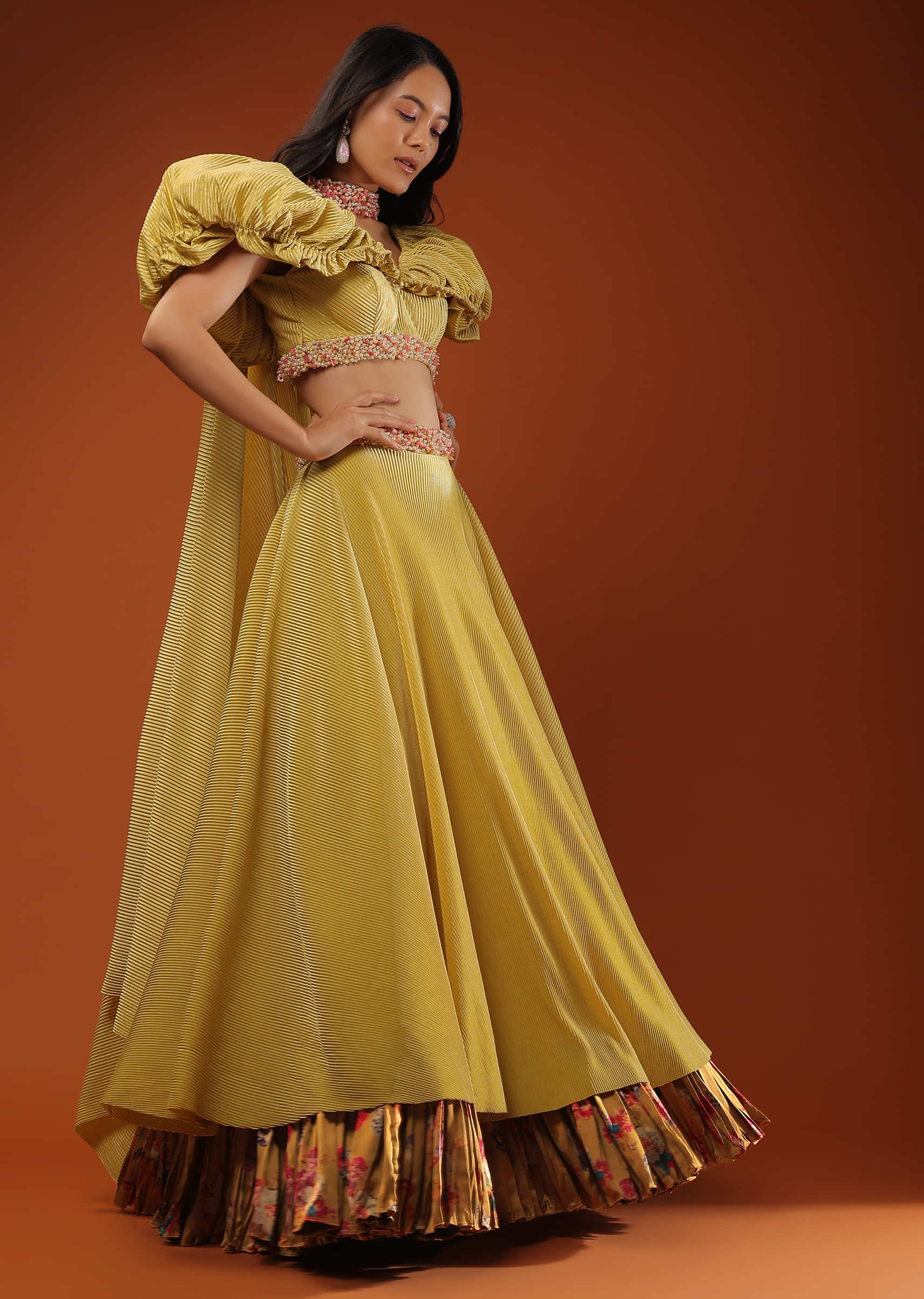 Yellow Crush Lehenga And A Crop Top In Moti Embroidery, Crop Top Comes In Balloon Sleeves Till The Yoke