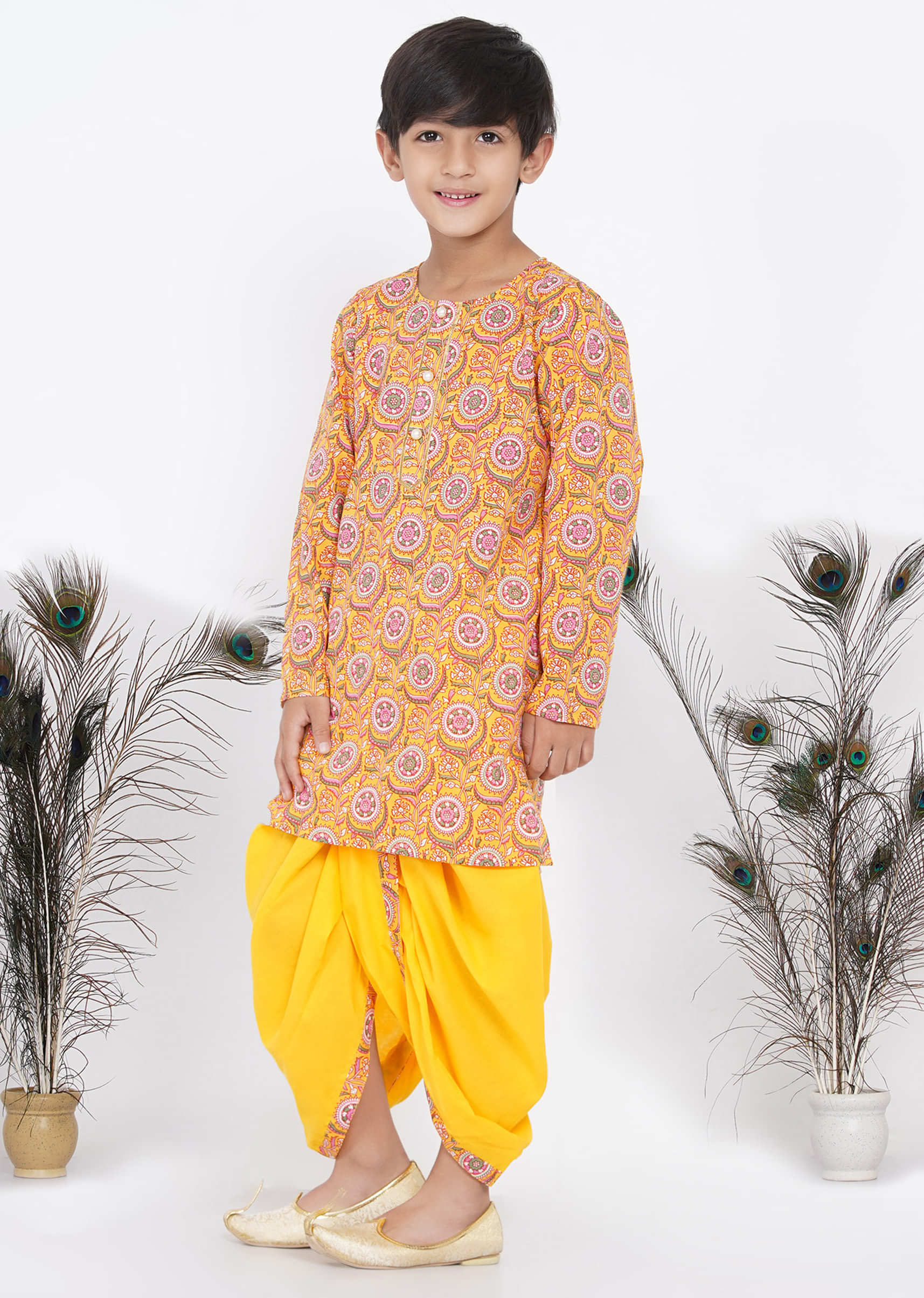 Kalki Amber Yellow Dhoti Kurta Set For Boys In Cotton With Floral Print