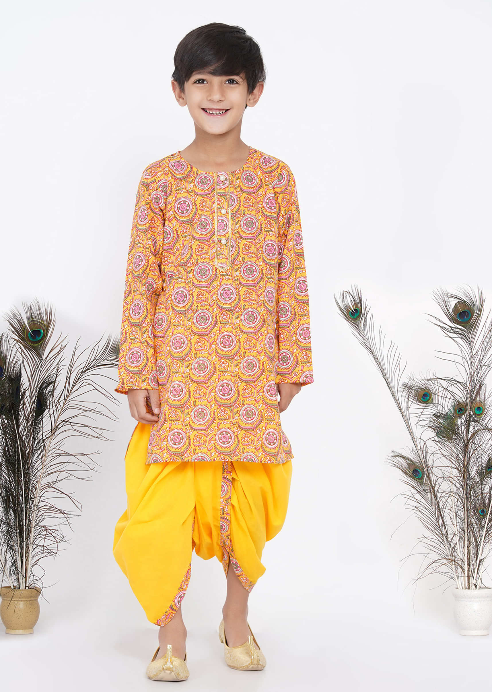 Kalki Yellow Dhoti Kurta Set For Boys In Cotton With Floral Print