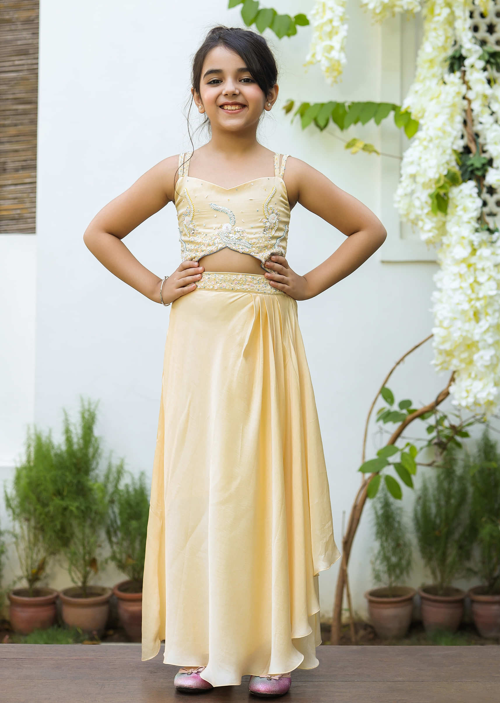 Kalki Girls Yellow Draped Dress With Delicate Butterfly Wing Neckline And Cut Out Detailing