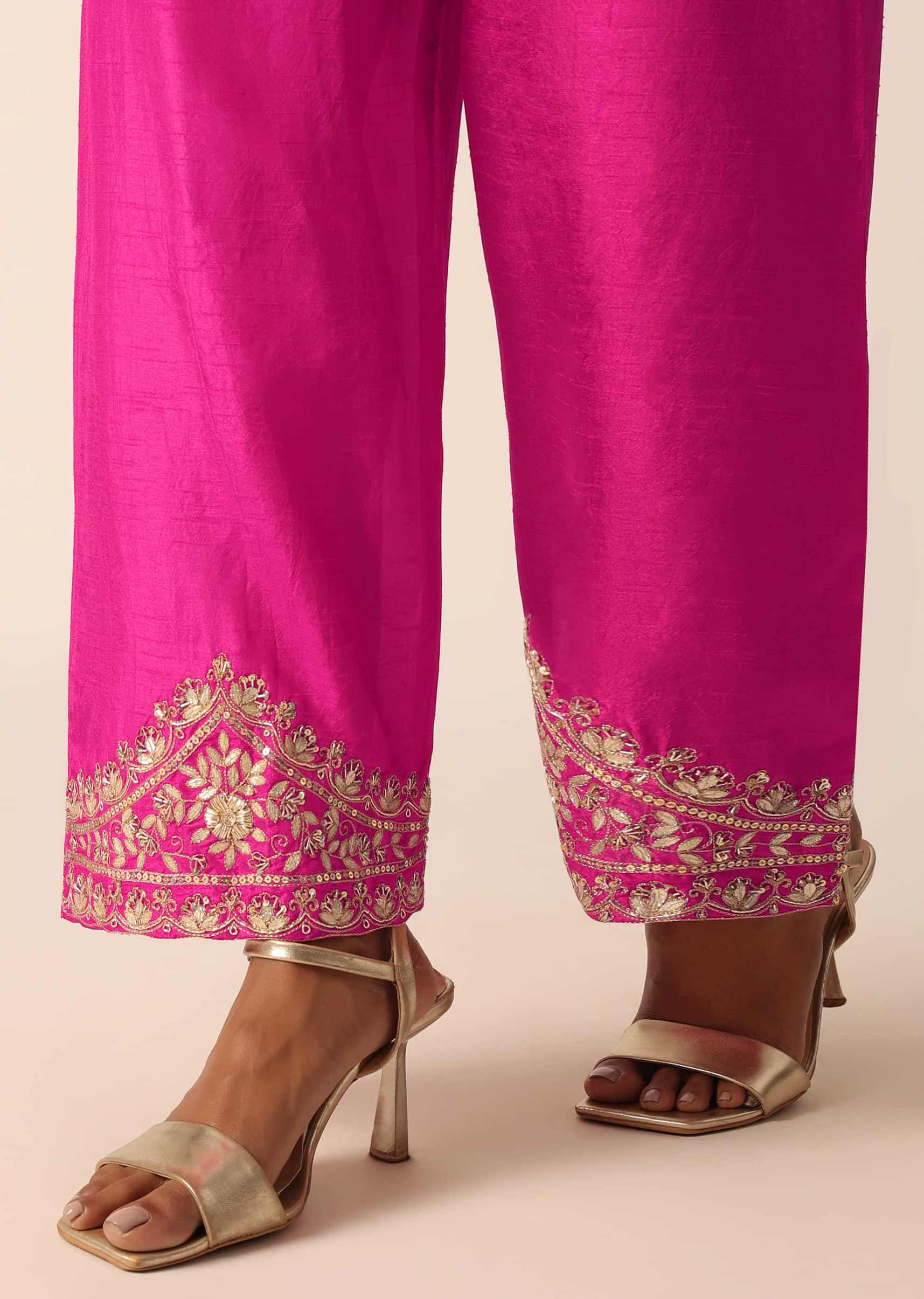 Women's FUCHSIA Pink Gota patti Hand Embroidery Kurta and Pant set