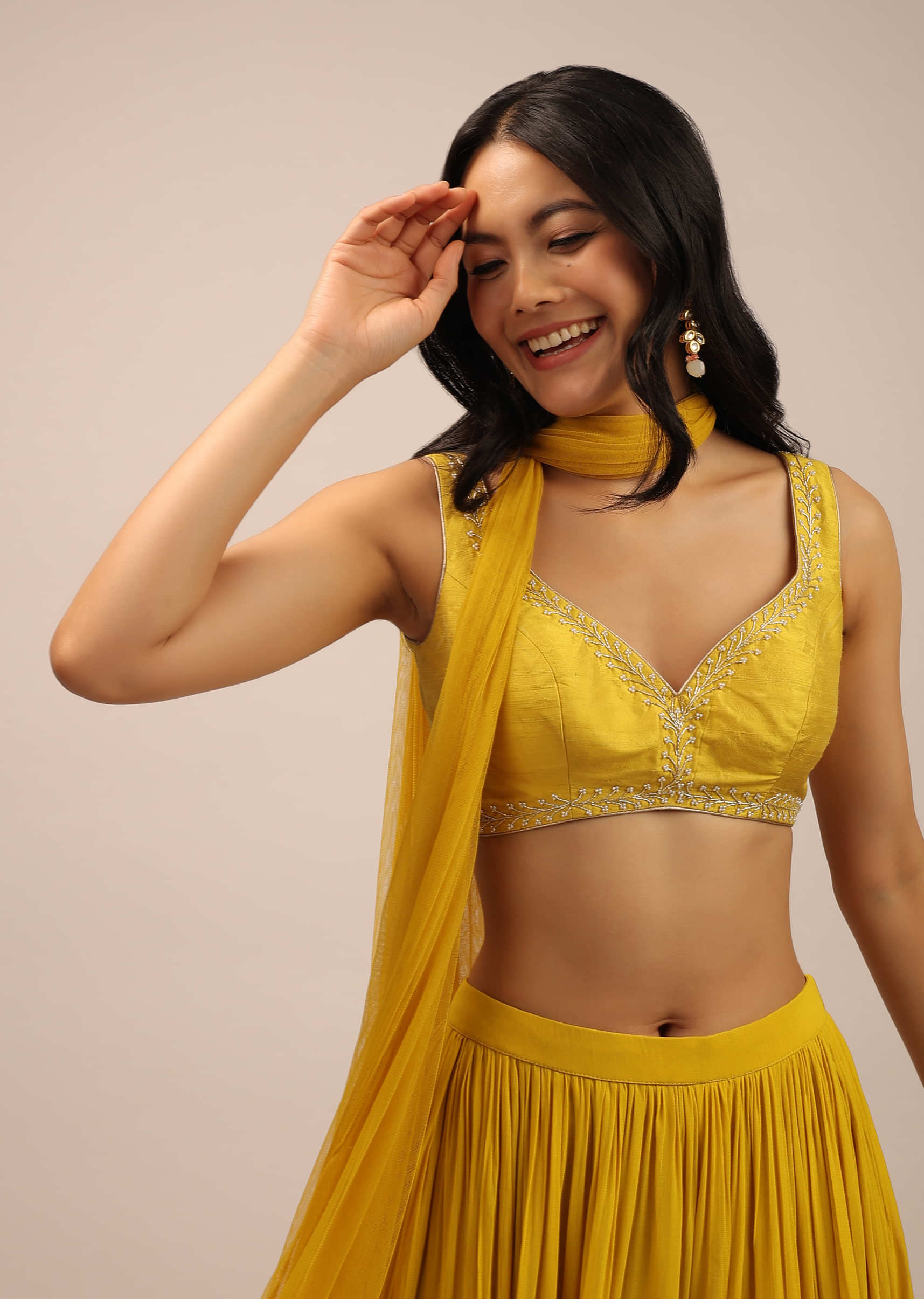 Yellow Festive Blouse With Thread Work And Sweetheart Neckline