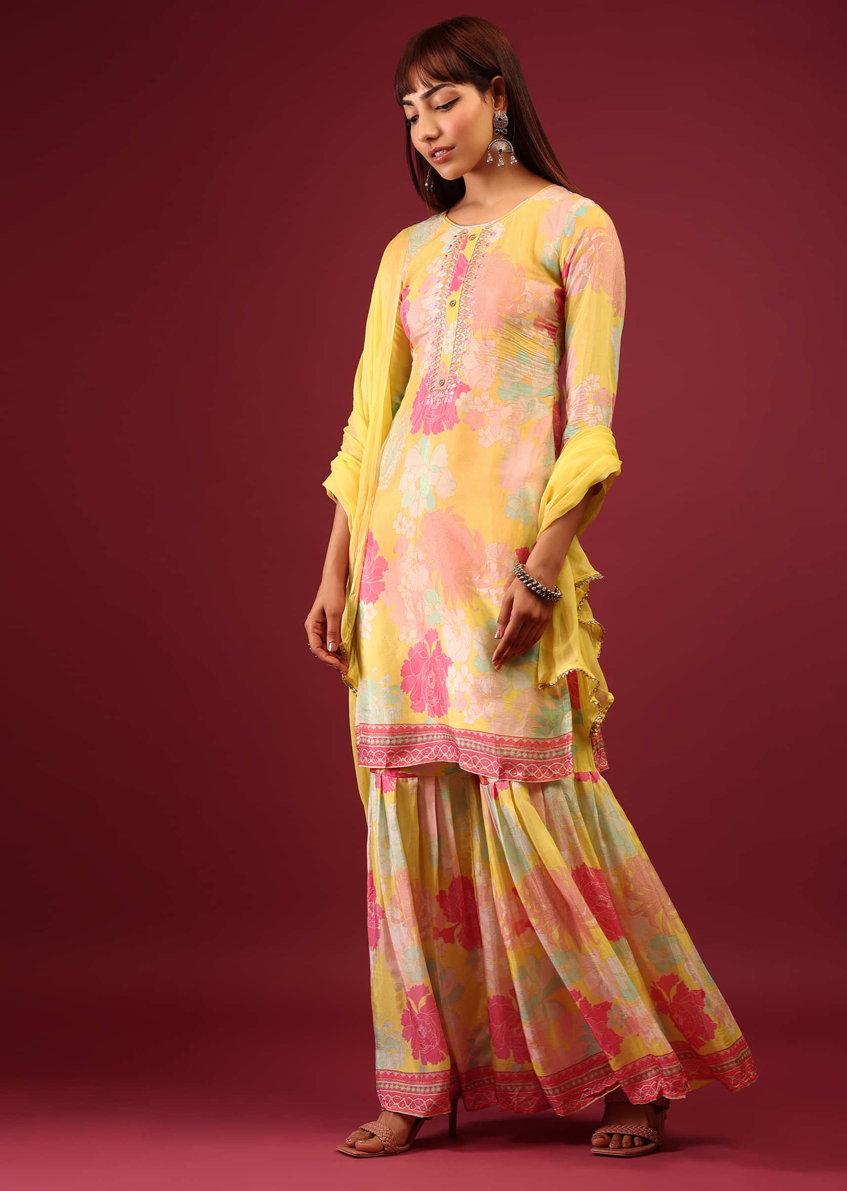 Daffodil Yellow Floral Print Sharara Suit With Flowy Sharara Palazzo In Thread Embroidery