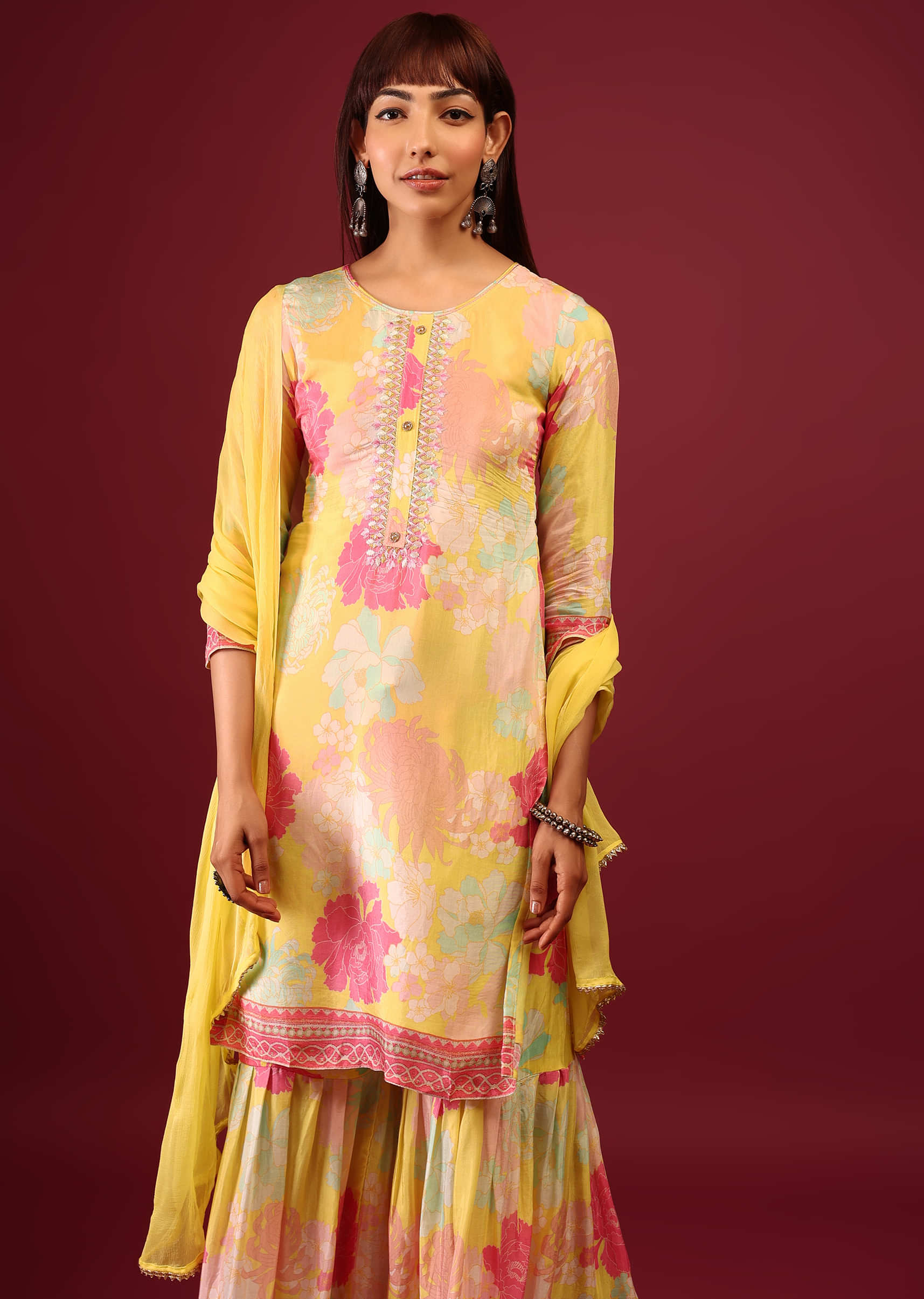 Daffodil Yellow Floral Print Sharara Suit With Flowy Sharara Palazzo In Thread Embroidery