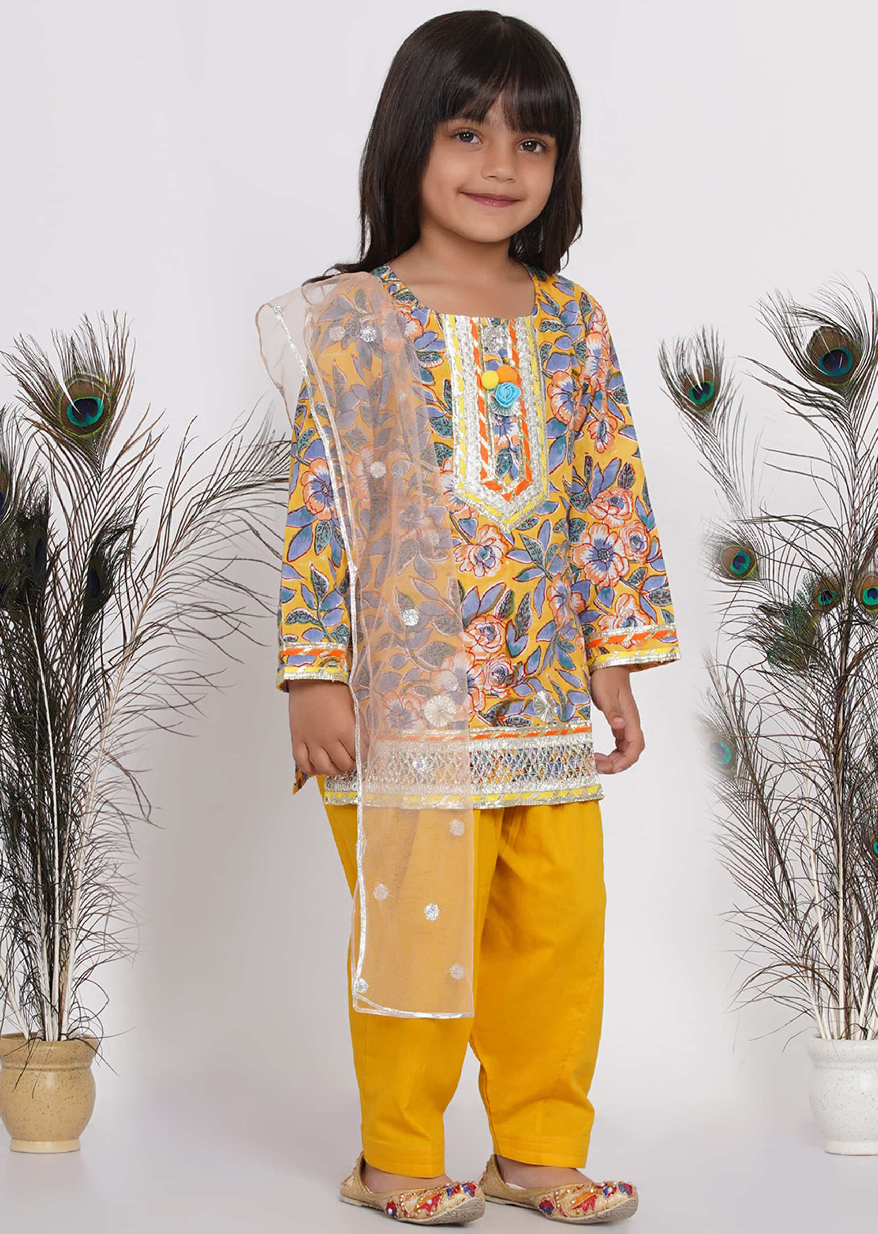 Kalki Girls Yellow Floral Salwar Suit With Dupatta